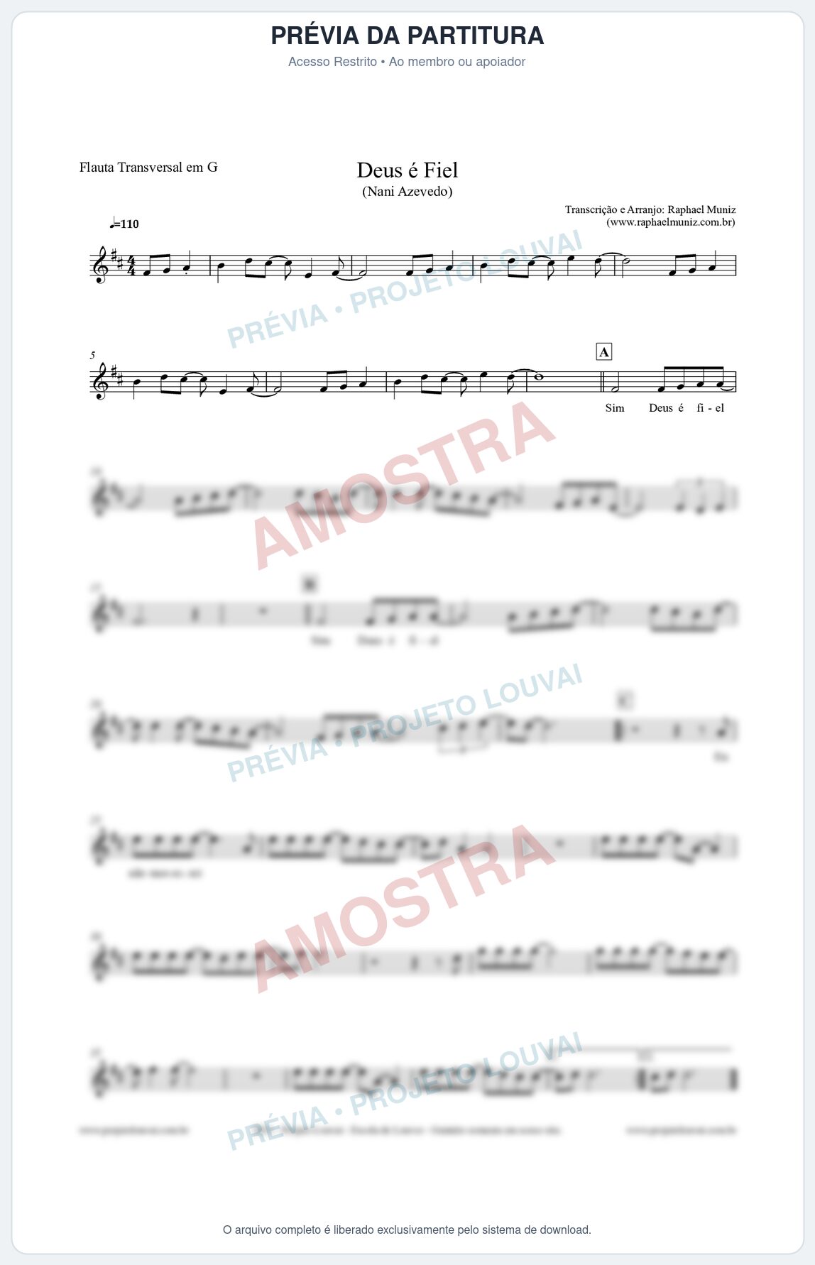 Prévia protegida da primeira página da partitura Partitura para Flauta Transversal em G - Deus é Fiel - Nani Azevedo