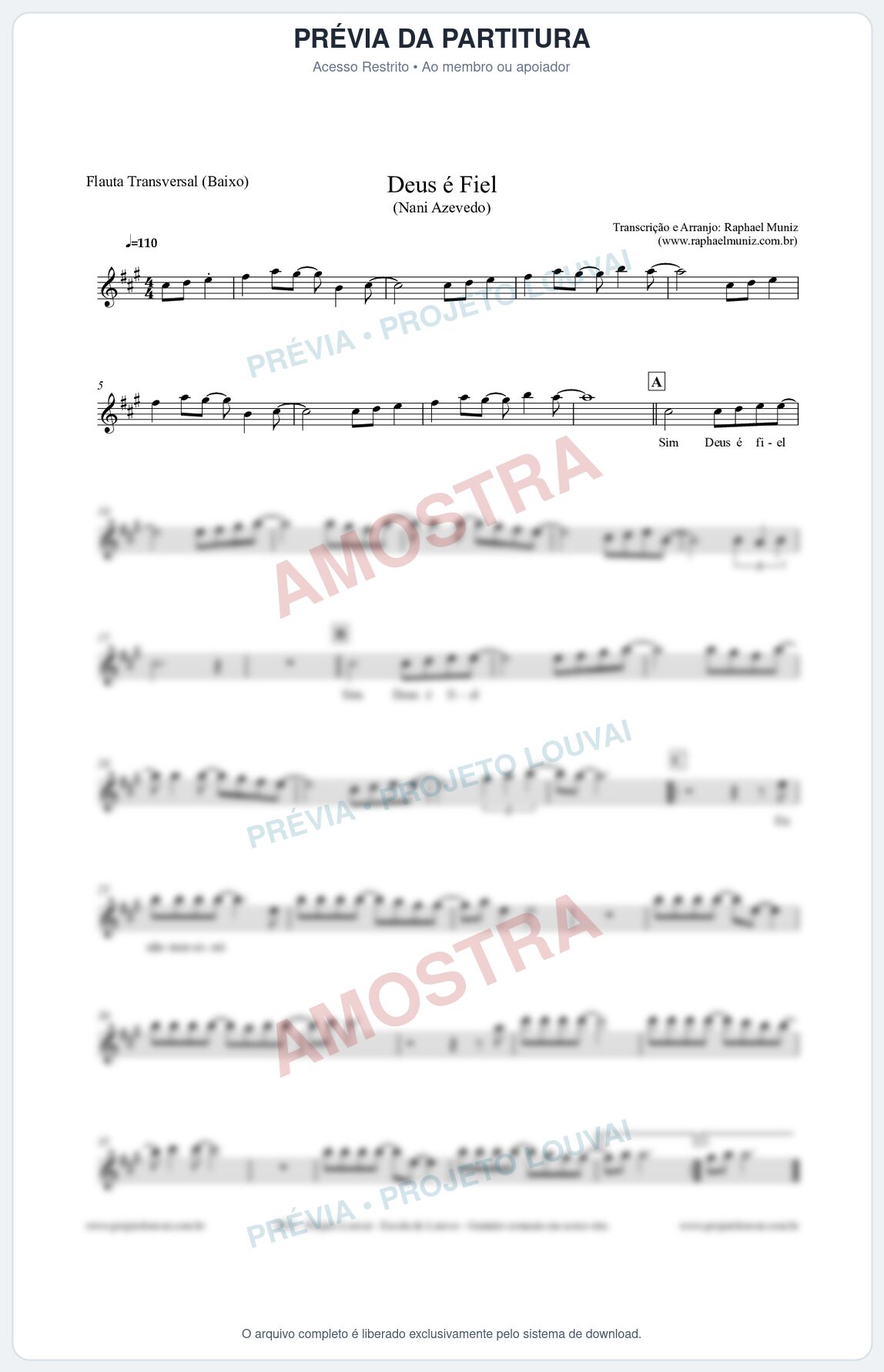 Prévia protegida da primeira página da partitura Partitura para Flauta Transversal (Baixo) - Deus é Fiel - Nani Azevedo