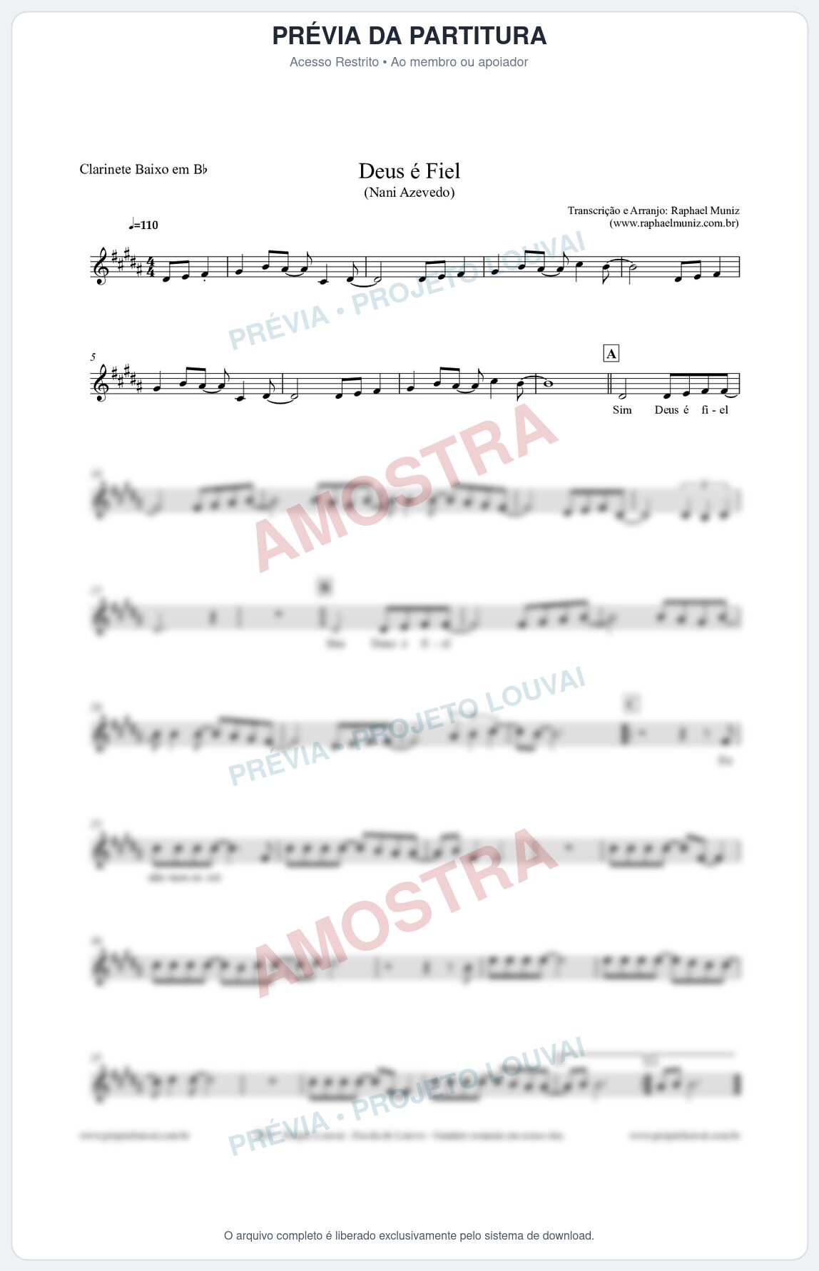 Prévia protegida da primeira página da partitura Partitura para Clarinete Baixo em Bb - Deus é Fiel - Nani Azevedo