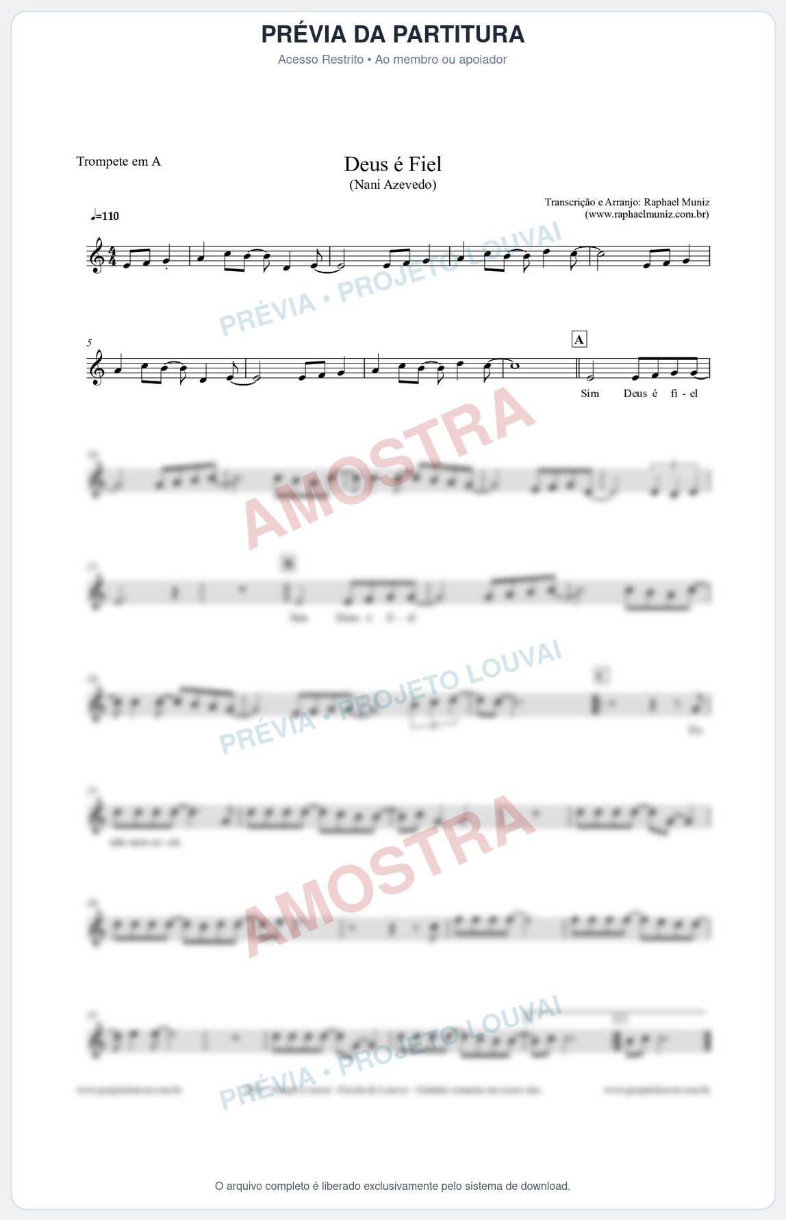 Prévia protegida da primeira página da partitura Partitura para Trompete em A - Deus é Fiel - Nani Azevedo
