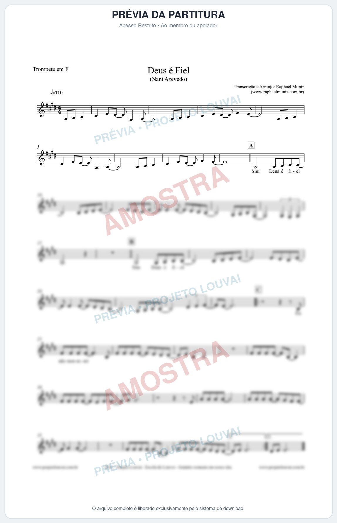 Prévia protegida da primeira página da partitura Partitura para Trompete em F - Deus é Fiel - Nani Azevedo