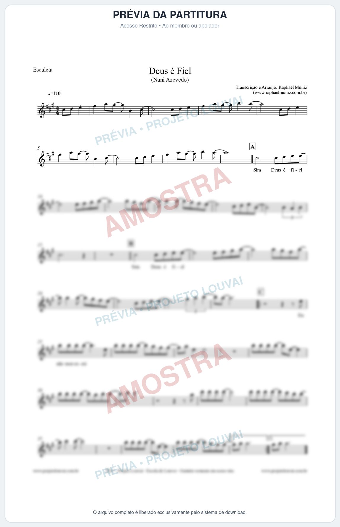 Prévia protegida da primeira página da partitura Partitura para Escaleta - Deus é Fiel - Nani Azevedo