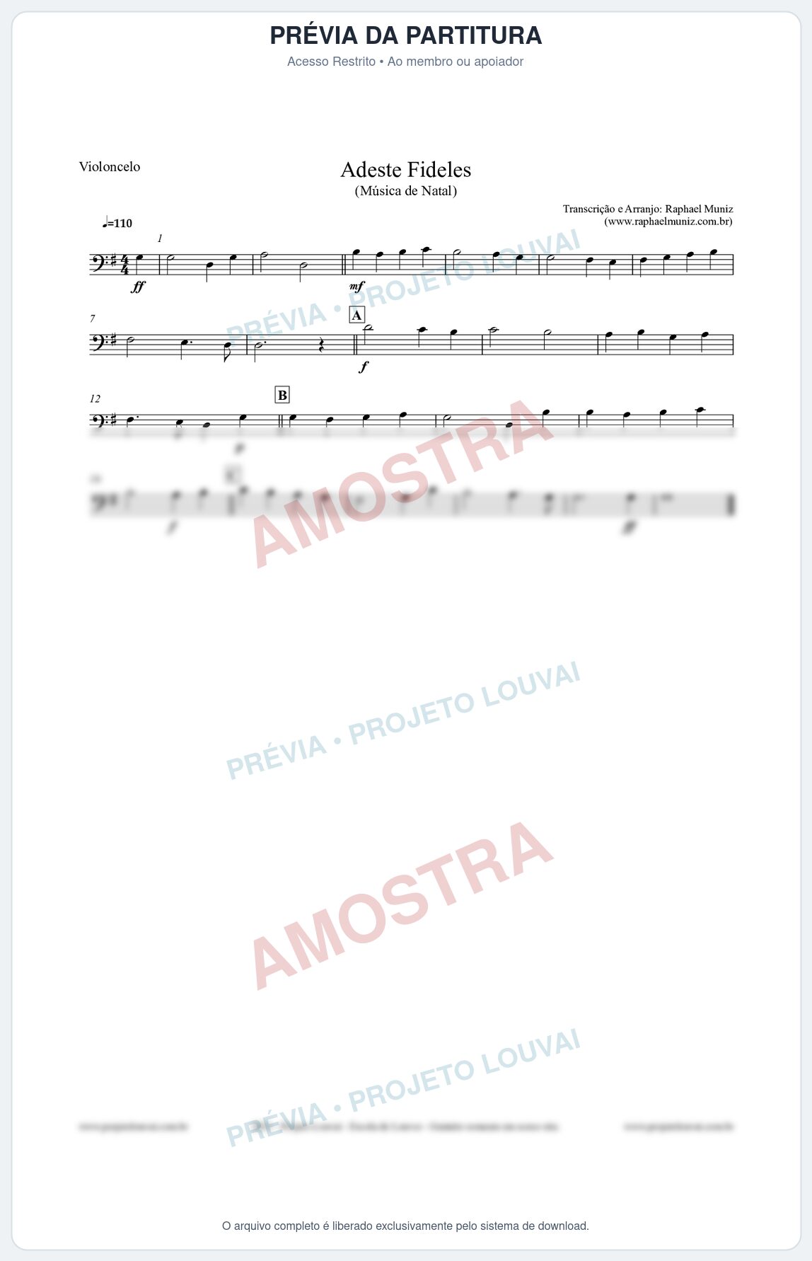 Prévia protegida da primeira página da partitura Partitura para Violoncelo - Adeste Fideles - Músicas de Natal