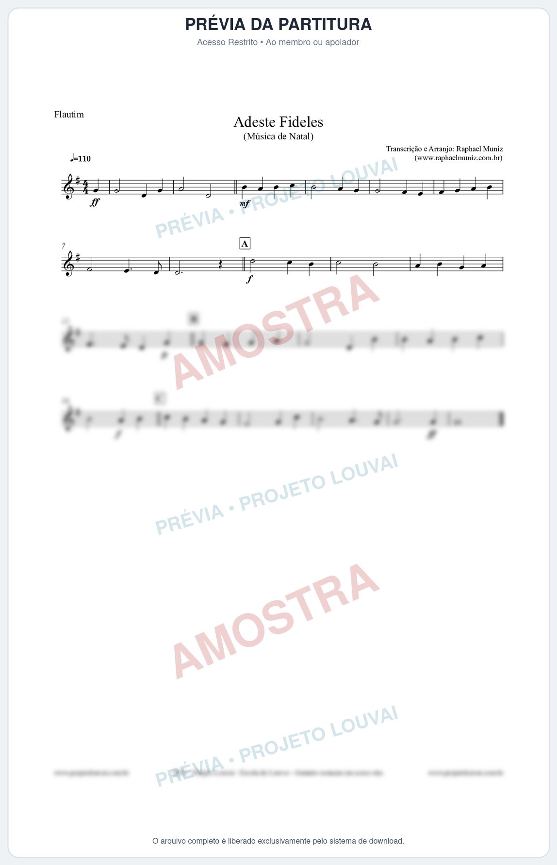 Prévia protegida da primeira página da partitura Partitura para Flautim - Adeste Fideles - Músicas de Natal
