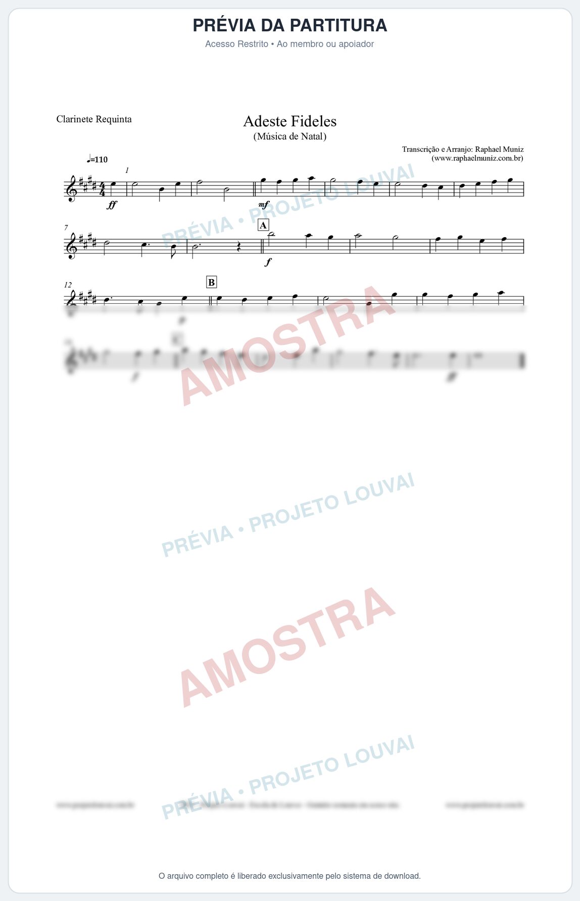 Prévia protegida da primeira página da partitura Partitura para Clarinete Requinta - Adeste Fideles - Músicas de Natal