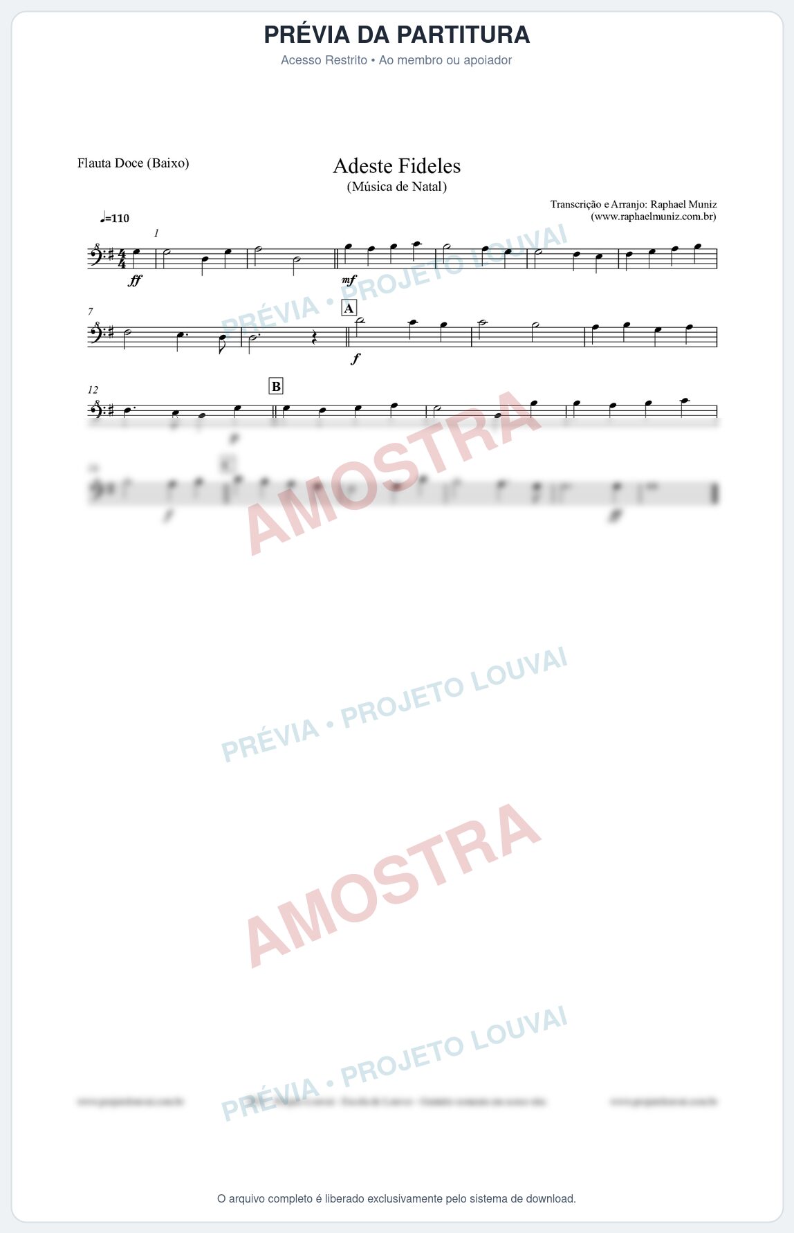 Prévia protegida da primeira página da partitura Partitura para Flauta Doce (Baixo) - Adeste Fideles - Músicas de Natal