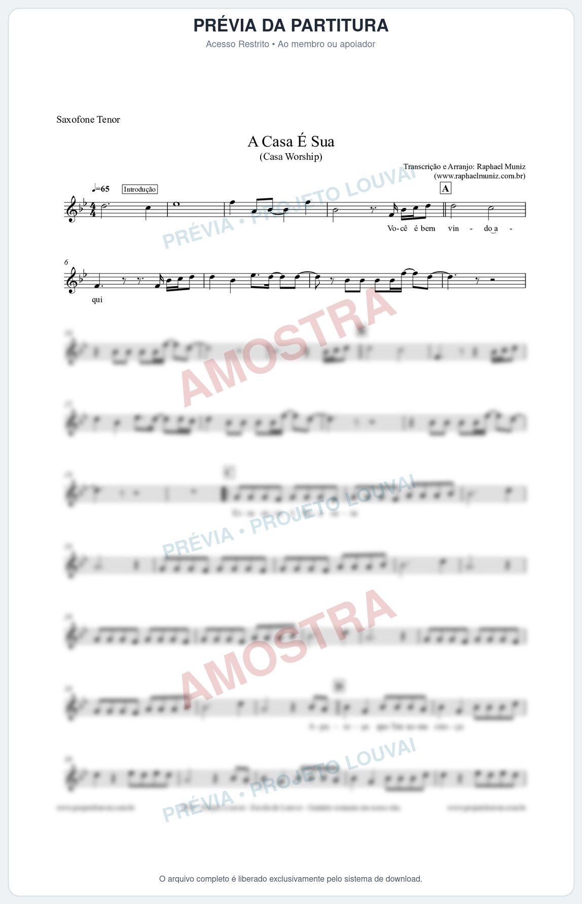 Prévia protegida da primeira página da partitura Partitura para Sax Tenor - A Casa É Sua  - Casa Worship