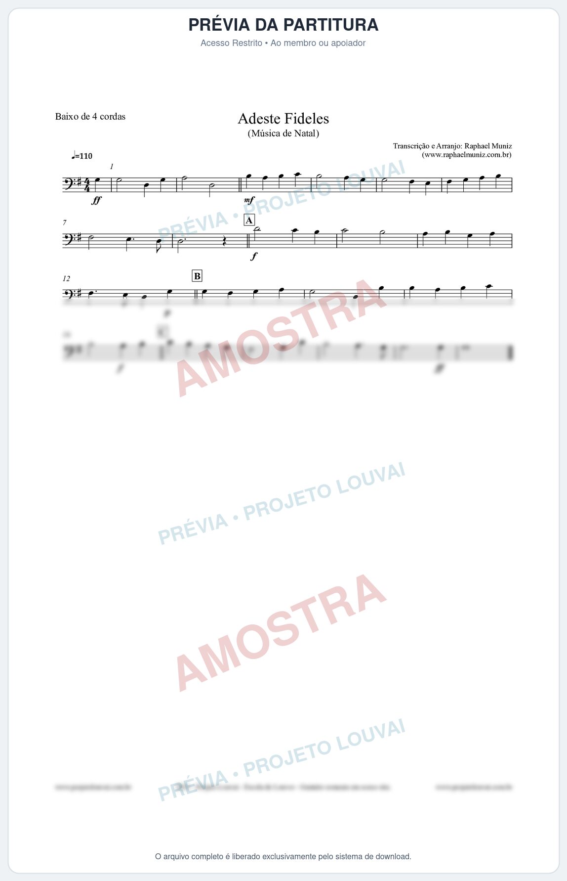 Prévia protegida da primeira página da partitura Partitura para Baixo de 4 cordas - Adeste Fideles - Músicas de Natal