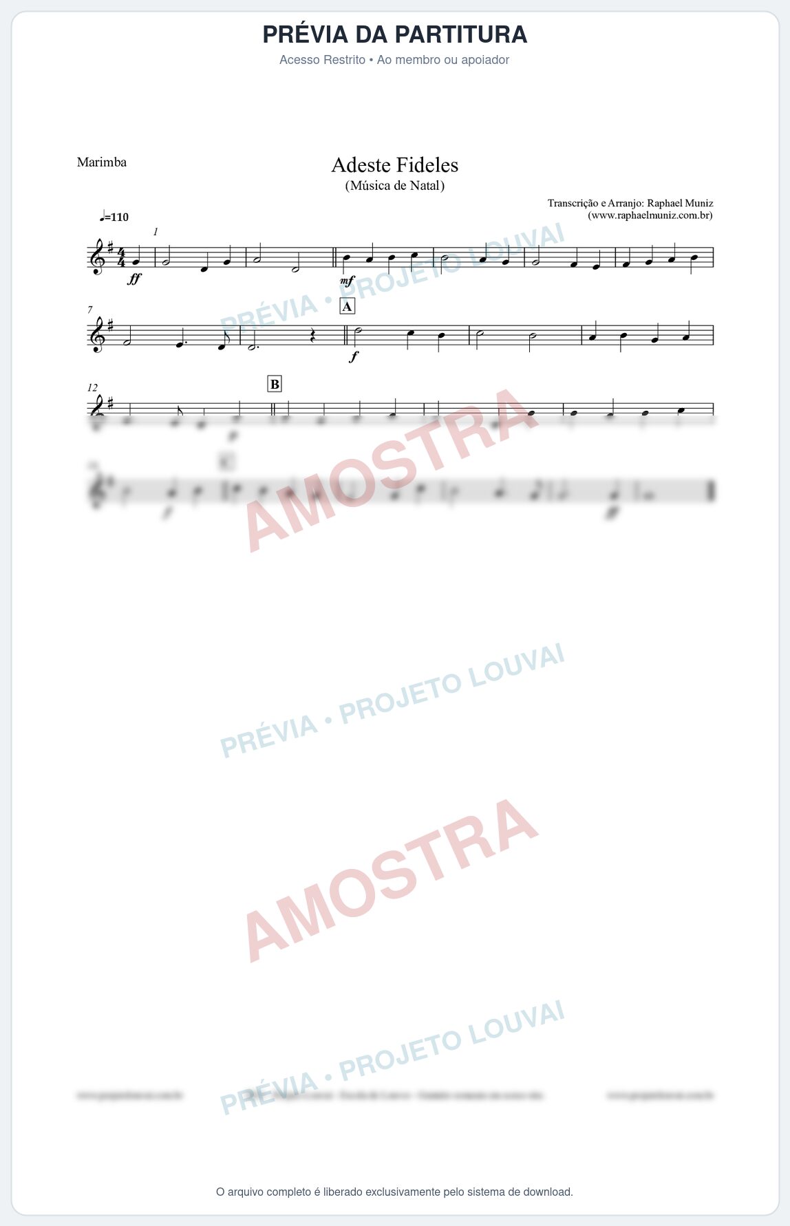 Prévia protegida da primeira página da partitura Partitura para Marimba - Adeste Fideles - Músicas de Natal