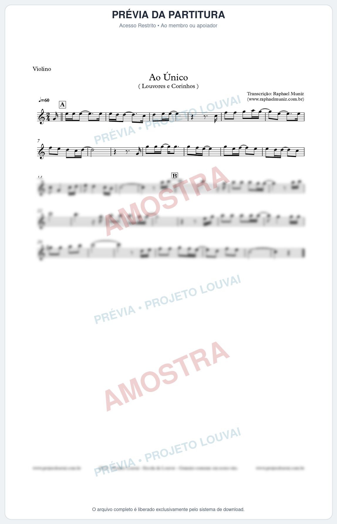 Prévia protegida da primeira página da partitura Partitura para Violino - Ao Único (Versão 2) - Louvores e Corinhos Gospel