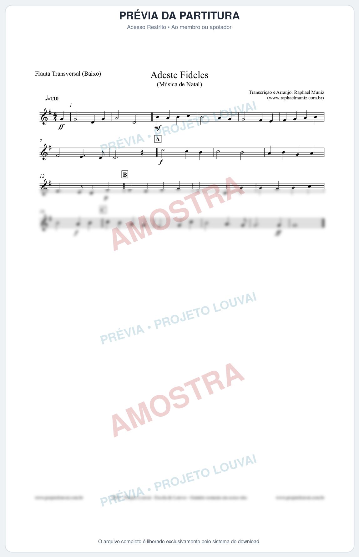 Prévia protegida da primeira página da partitura Partitura para Flauta Transversal (Baixo) - Adeste Fideles - Músicas de Natal