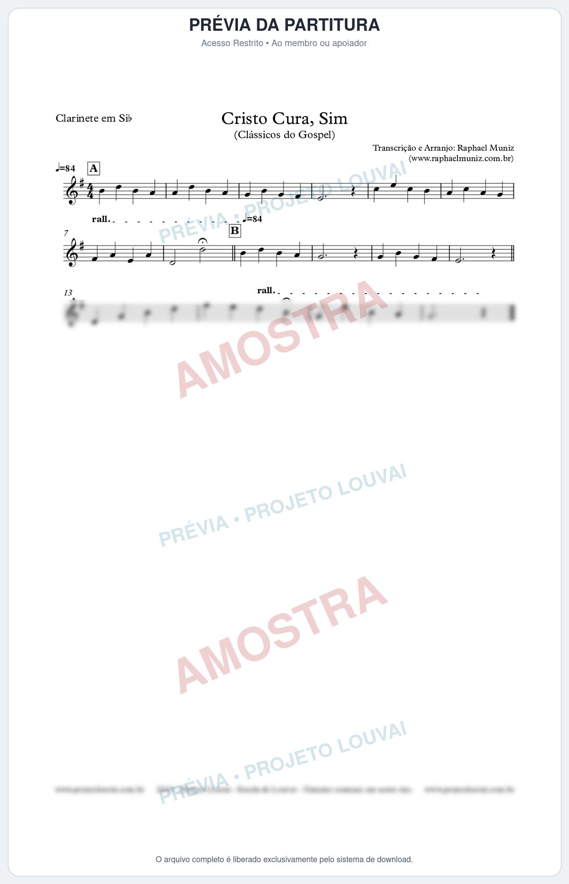 Prévia protegida da primeira página da partitura Partitura para Clarinete - Cristo Cura, Sim - Harpa Cristã nº7  - Clássicos do Gospel