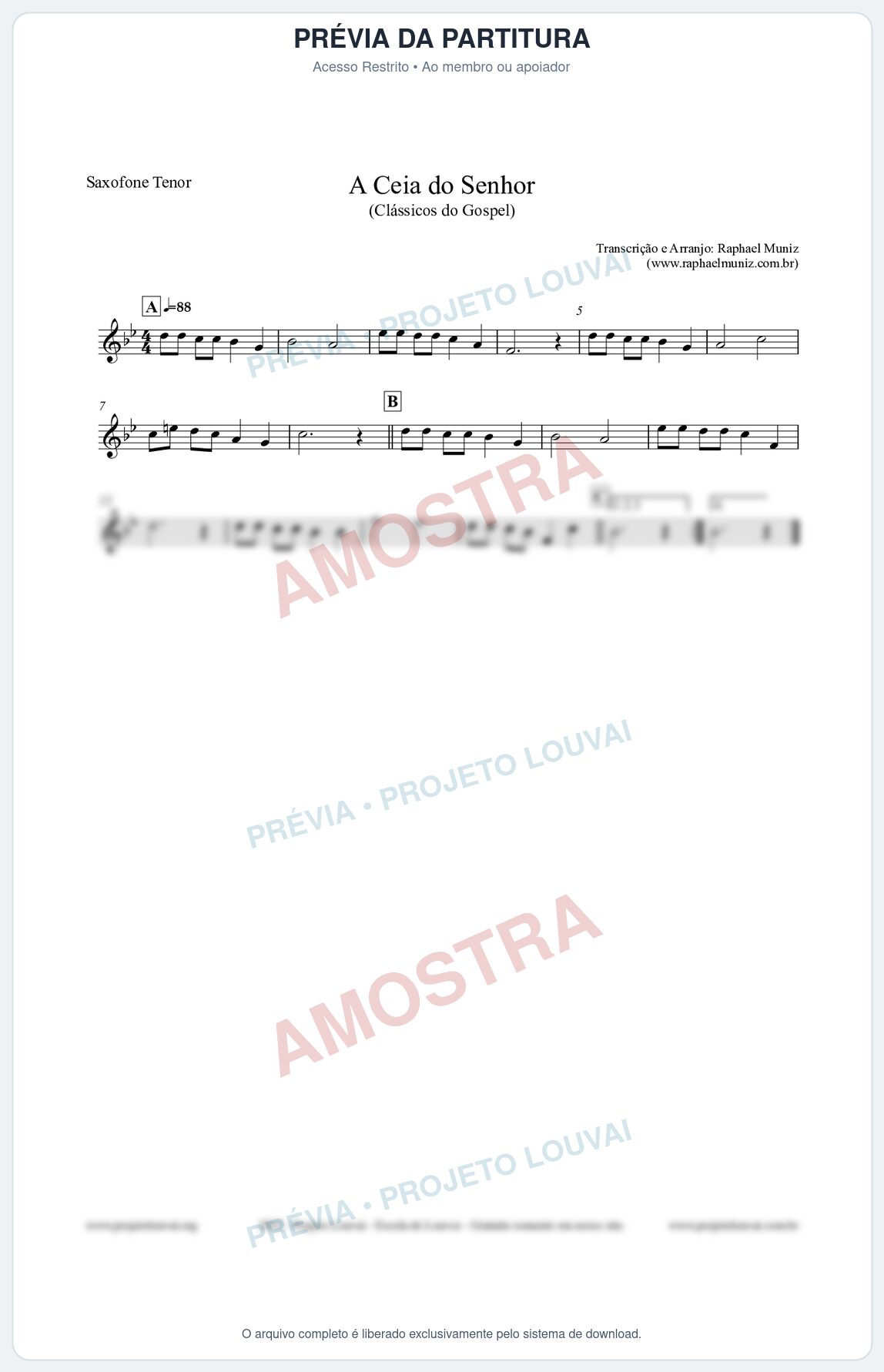 Prévia protegida da primeira página da partitura Partitura para Saxofone Tenor - A Ceia do Senhor - Harpa Cristã nº22 - Clássicos do Gospel
