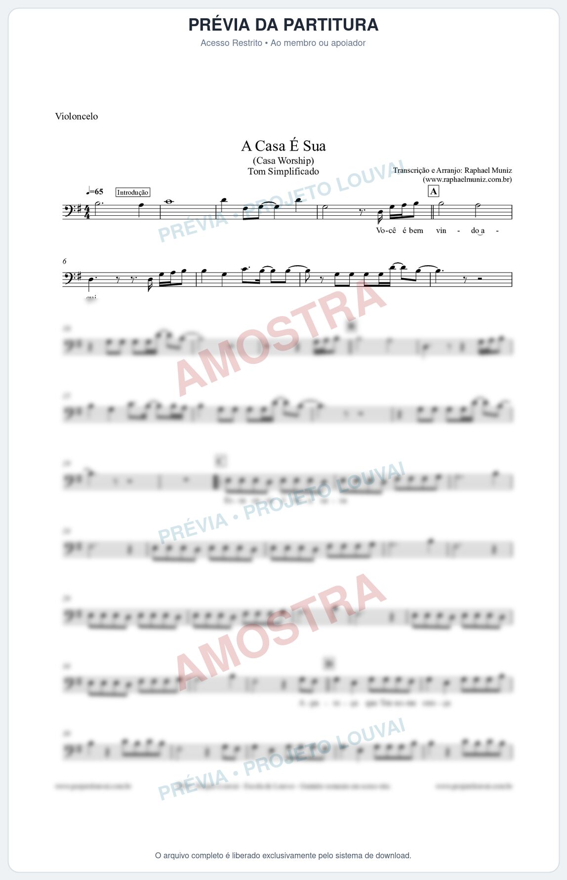 Prévia protegida da primeira página da partitura Partitura para Violoncelo - A Casa É Sua (Tom Facilitado) - Casa Worship