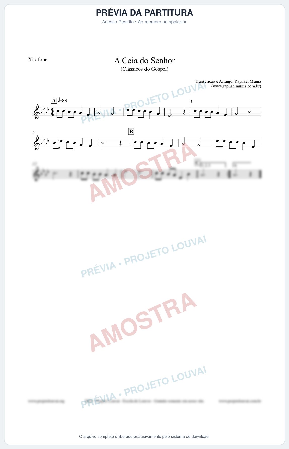 Prévia protegida da primeira página da partitura Partitura para Xilofone - A Ceia do Senhor - Harpa Cristã nº22 - Clássicos do Gospel