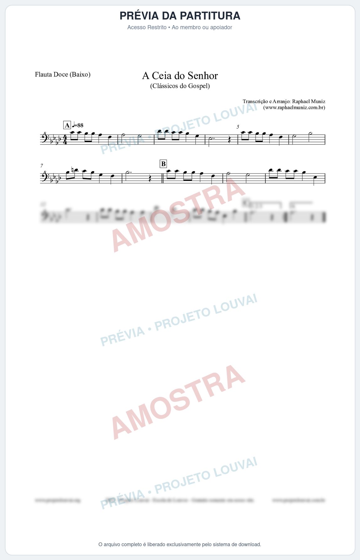 Prévia protegida da primeira página da partitura Partitura para Flauta Doce (Baixo) - A Ceia do Senhor - Harpa Cristã nº22 - Clássicos do Gospel