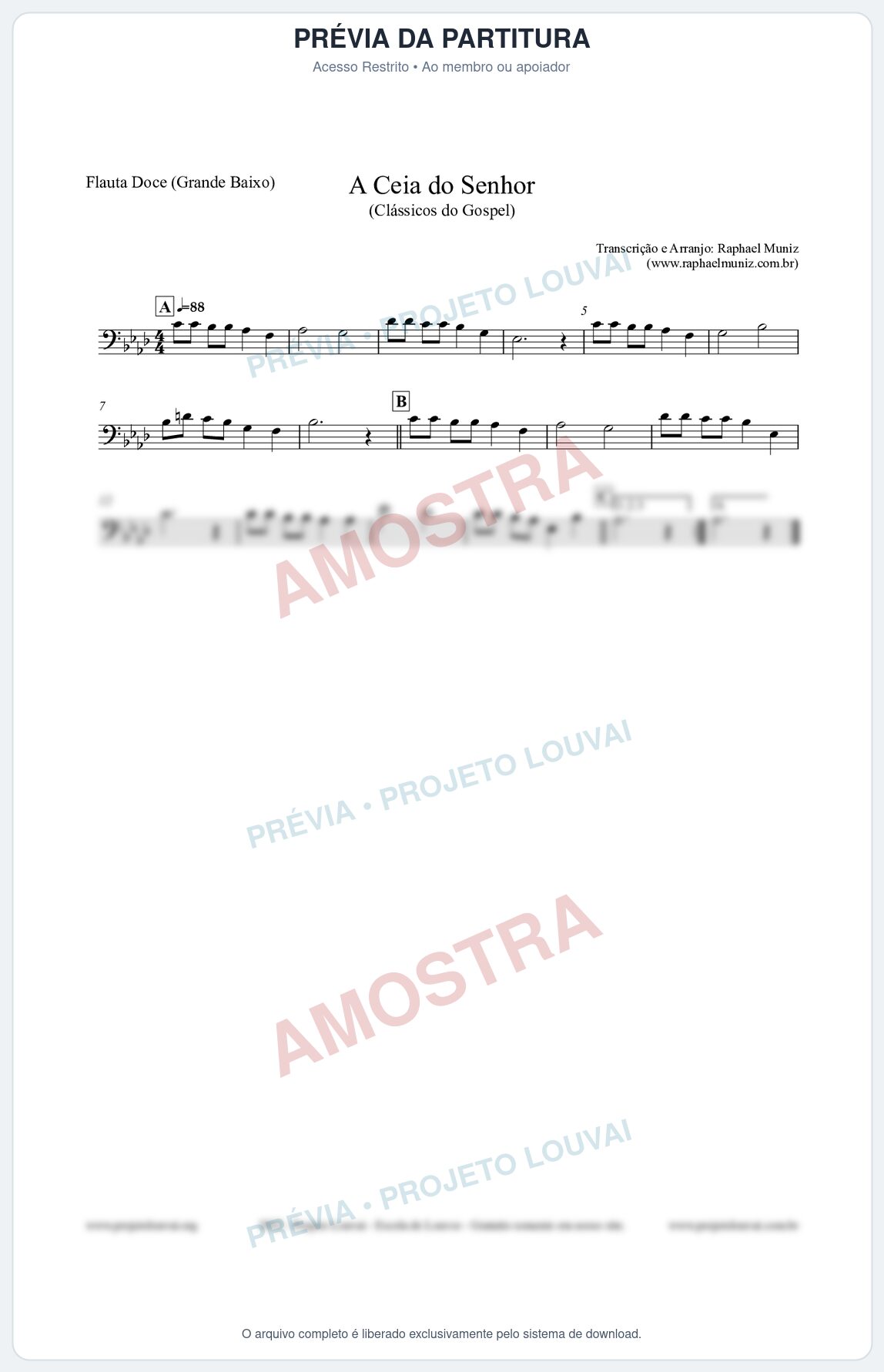 Prévia protegida da primeira página da partitura Partitura para Flauta Doce (Grande Baixo) - A Ceia do Senhor - Harpa Cristã nº22 - Clássicos do Gospel