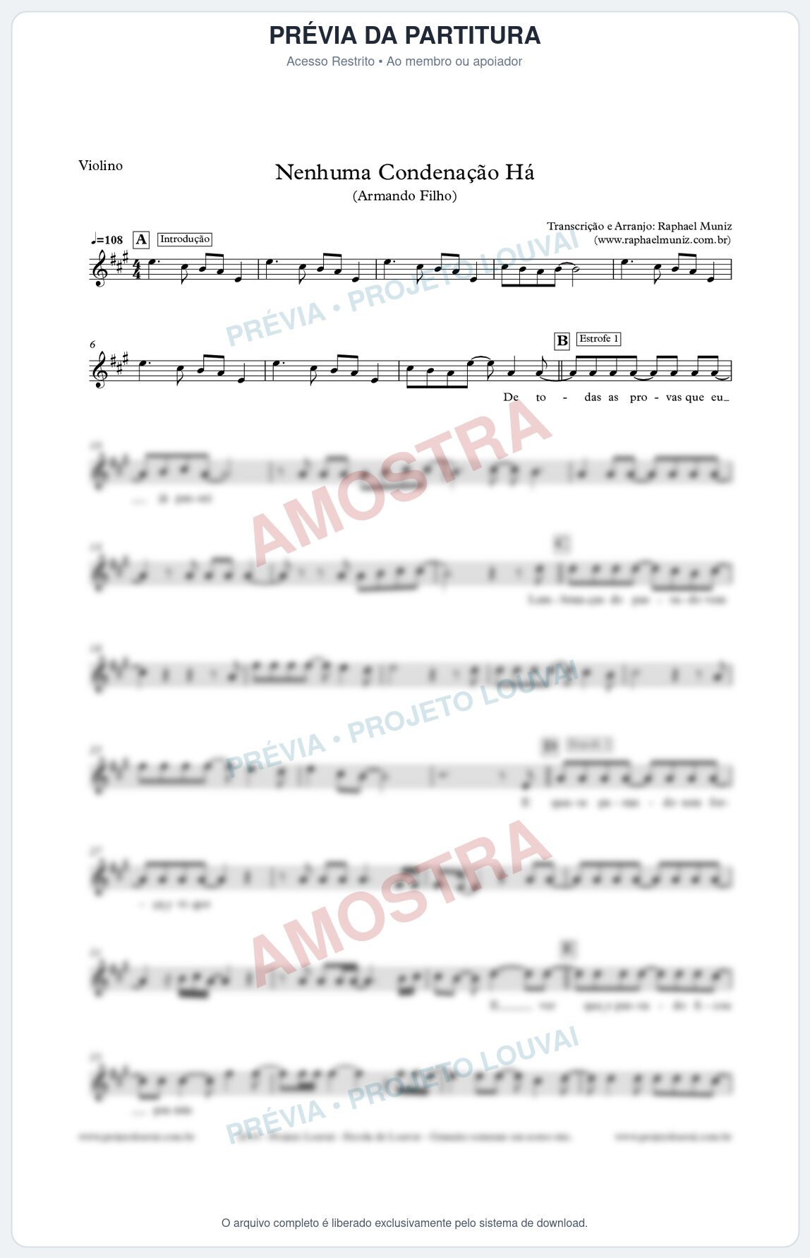 Prévia protegida da primeira página da partitura Partitura para Violino - Nenhuma Condenação Há - Armando Filho