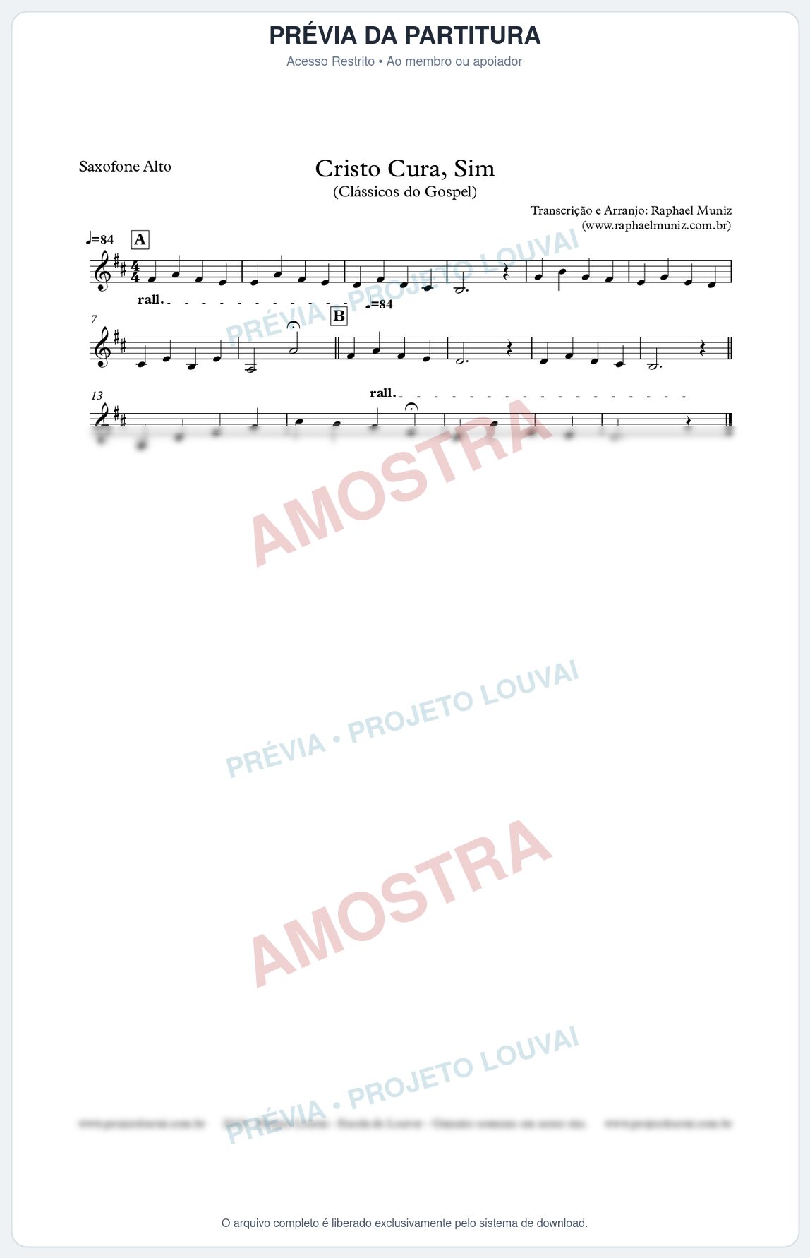 Prévia protegida da primeira página da partitura Partitura para Sax Alto - Cristo Cura, Sim - Harpa Cristã nº7  - Clássicos do Gospel