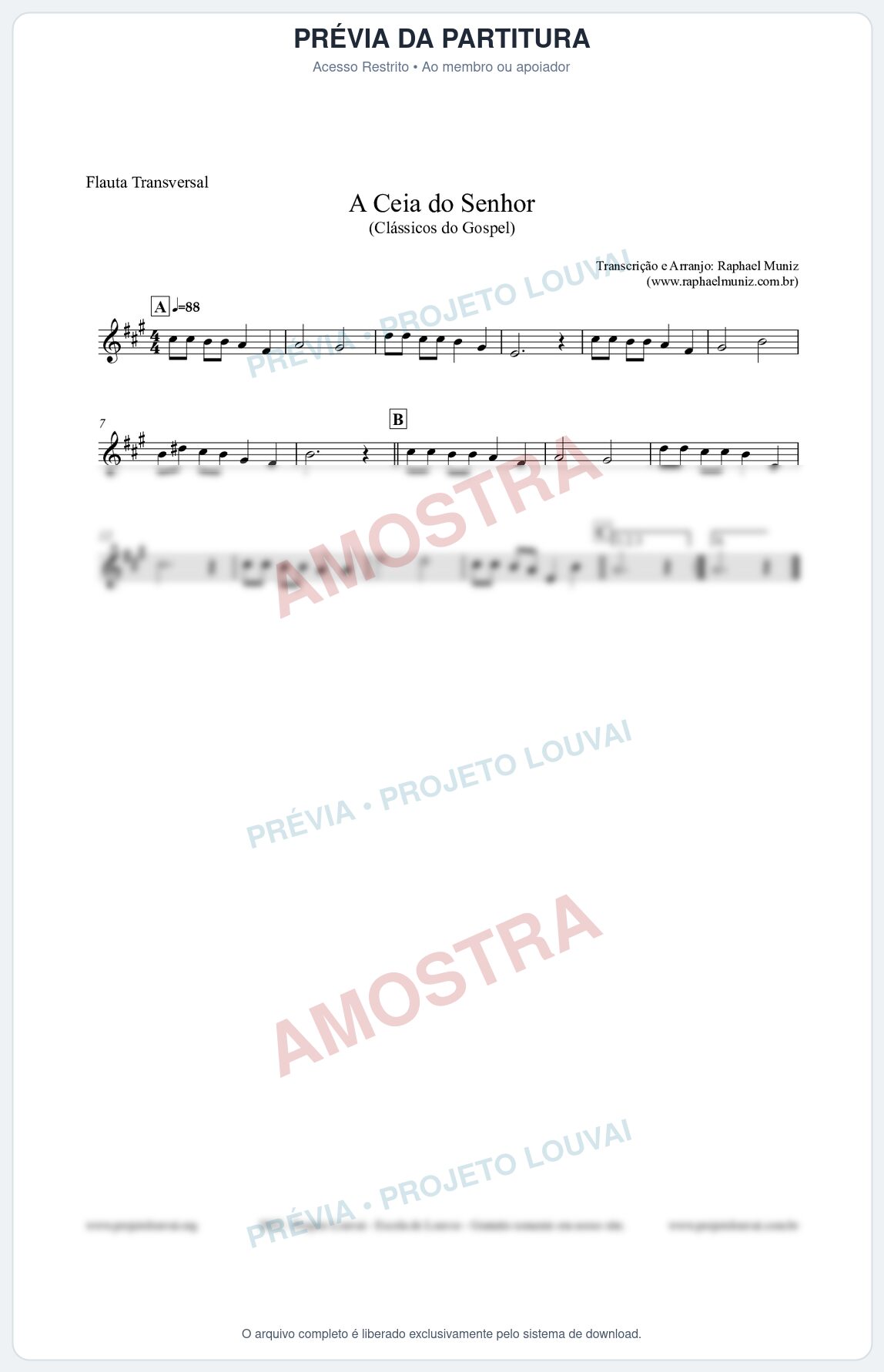 Prévia protegida da primeira página da partitura Partitura para Flauta Transversal - A Ceia do Senhor - Harpa Cristã nº22 - Clássicos do Gospel