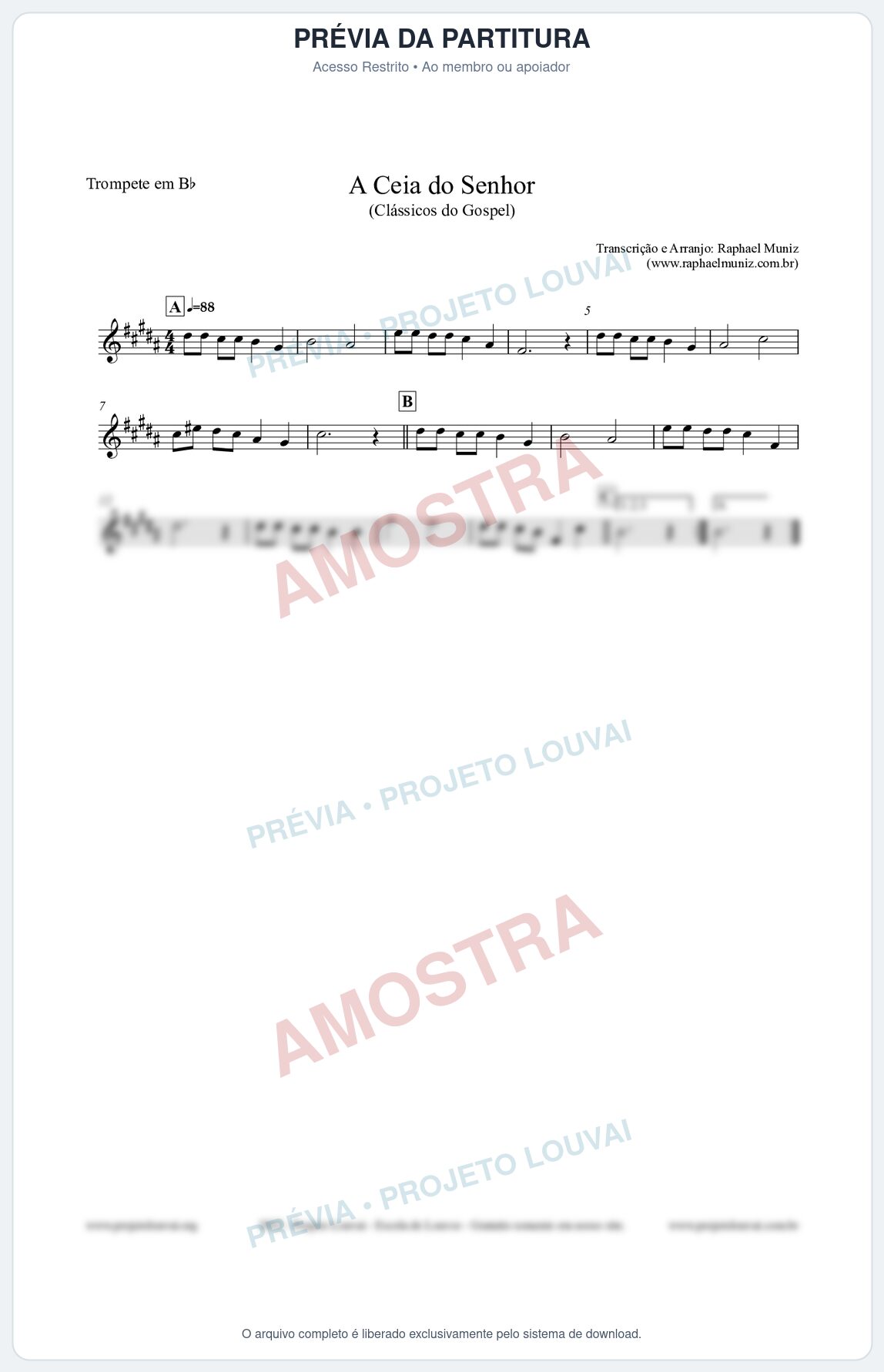 Prévia protegida da primeira página da partitura Partitura para Trompete em Bb - A Ceia do Senhor - Harpa Cristã nº22 - Clássicos do Gospel