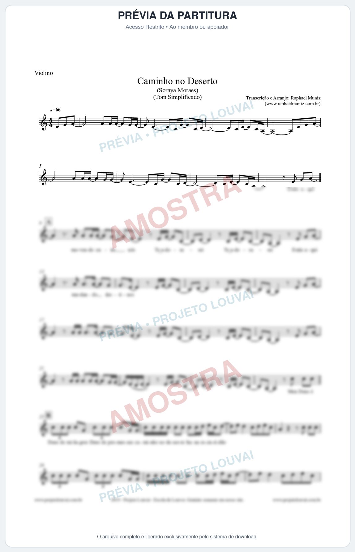 Prévia protegida da primeira página da partitura Partitura para Violino - Caminho no Deserto (Tom Facilitado) - Soraya Moraes