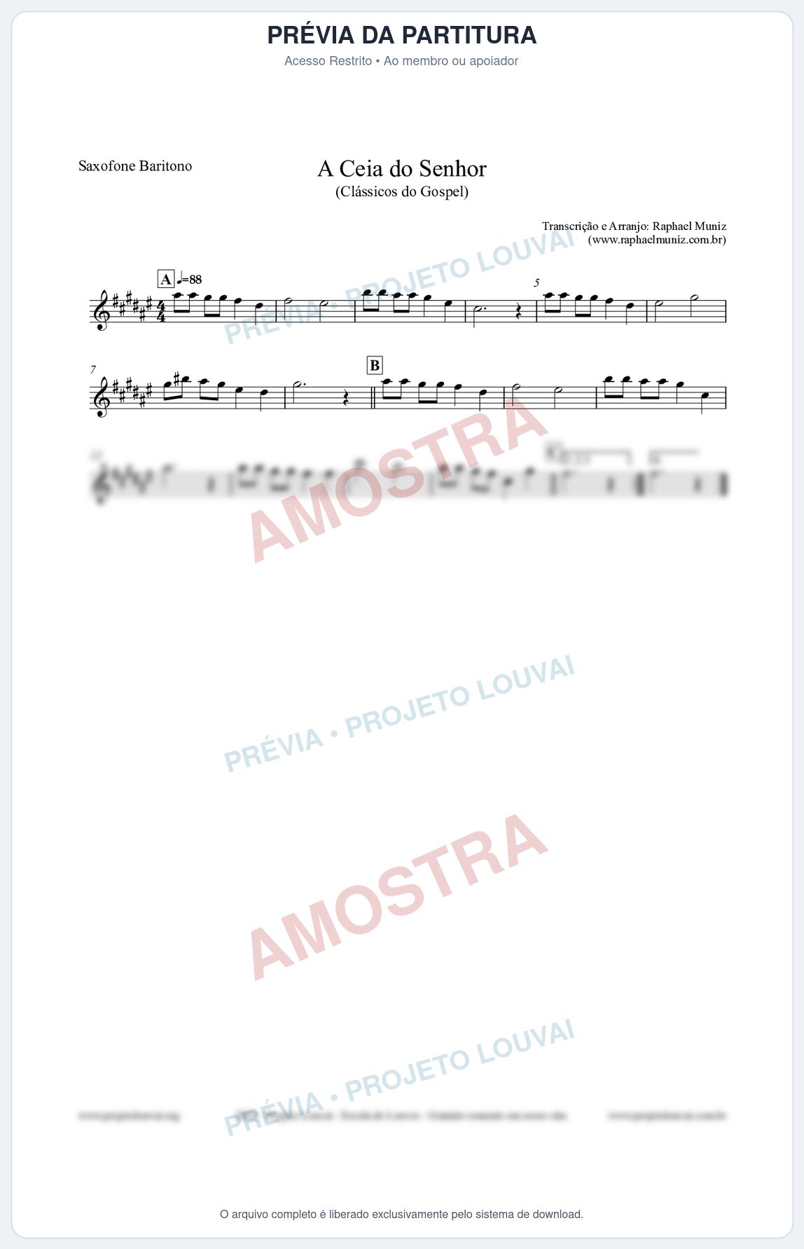 Prévia protegida da primeira página da partitura Partitura para Saxofone Barítono - A Ceia do Senhor - Harpa Cristã nº22 - Clássicos do Gospel