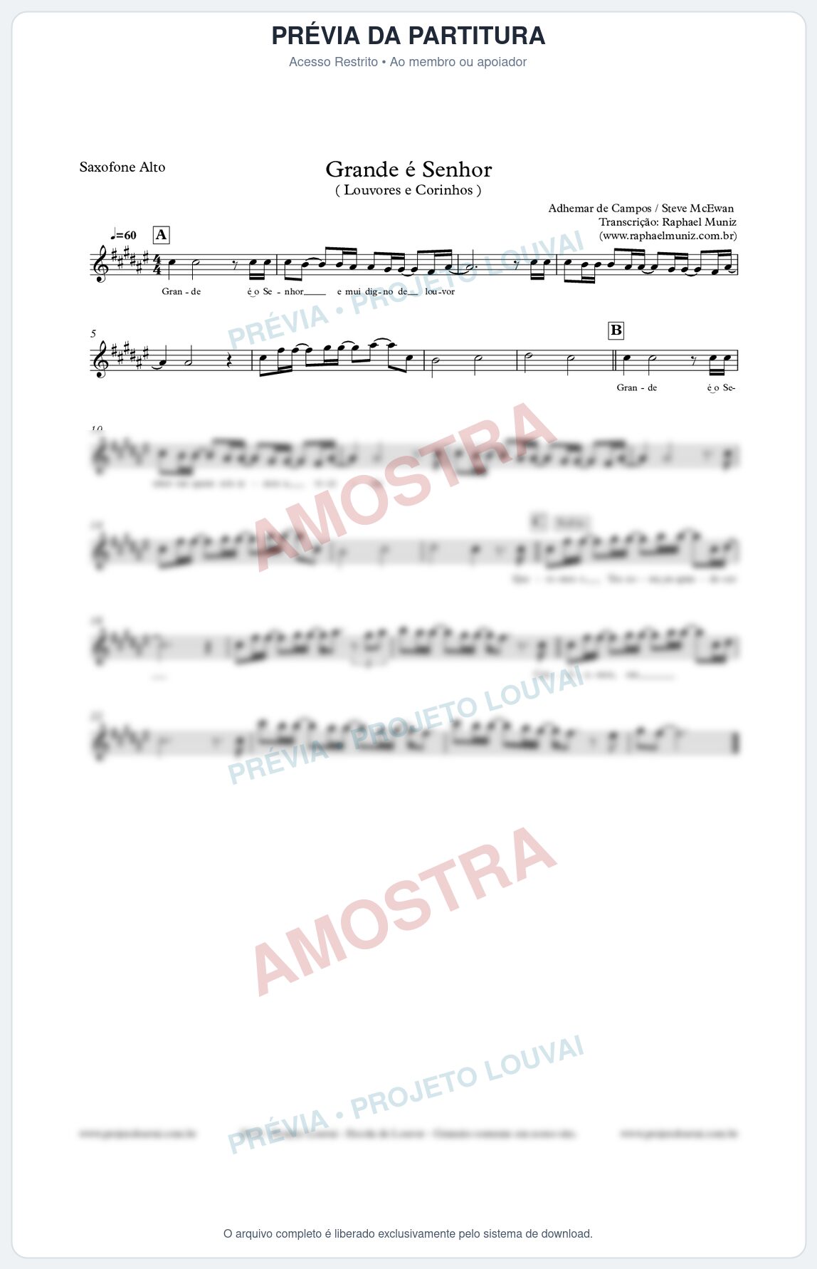 Prévia protegida da primeira página da partitura Partitura para Sax Alto - Grande é o Senhor (Adhemar de Campos) - Louvores e Corinhos Gospel