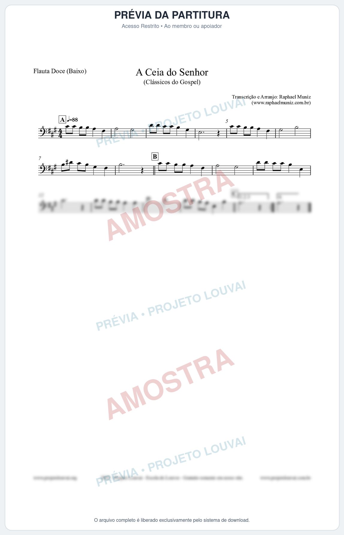 Prévia protegida da primeira página da partitura Partitura para Flauta Doce (Baixo) - A Ceia do Senhor - Harpa Cristã nº22 - Clássicos do Gospel