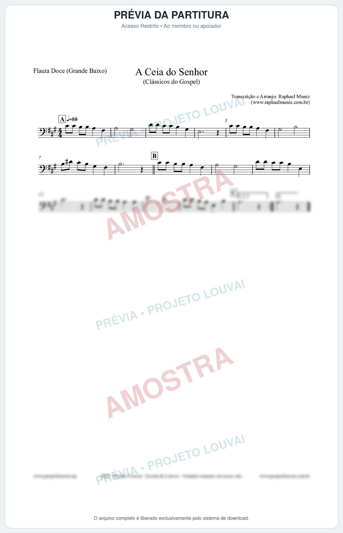 Prévia protegida da primeira página da partitura Partitura para Flauta Doce (Grande Baixo) - A Ceia do Senhor - Harpa Cristã nº22 - Clássicos do Gospel