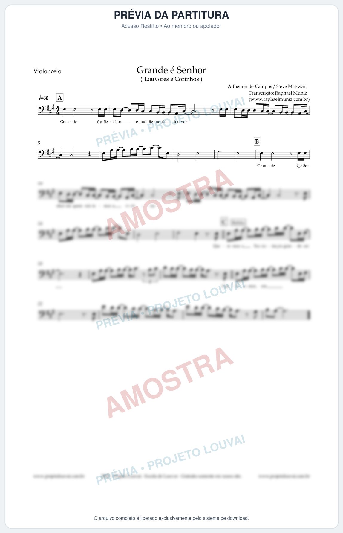 Prévia protegida da primeira página da partitura Partitura para Violoncelo - Grande é o Senhor (Adhemar de Campos) - Louvores e Corinhos Gospel