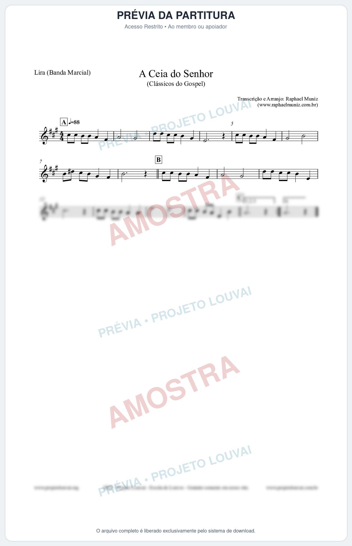 Prévia protegida da primeira página da partitura Partitura para Lira (Banda Marcial) - A Ceia do Senhor - Harpa Cristã nº22 - Clássicos do Gospel