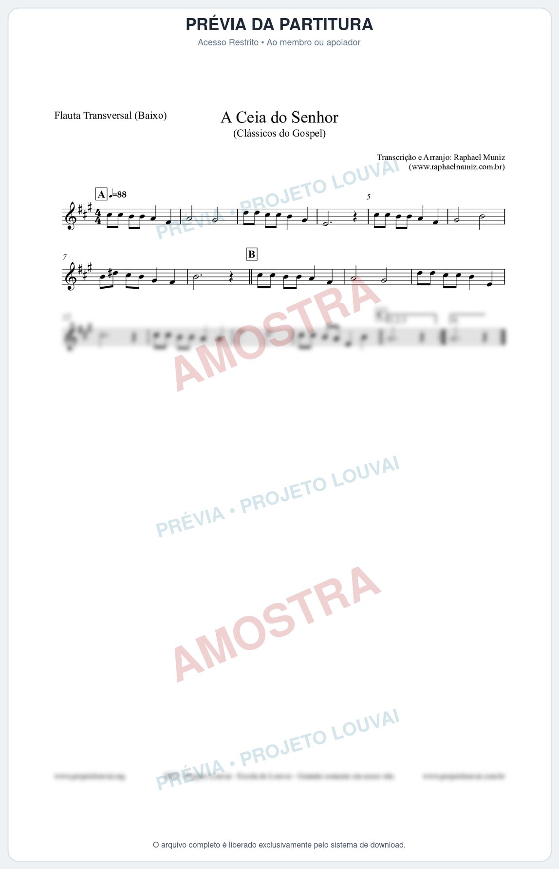 Prévia protegida da primeira página da partitura Partitura para Flauta Transversal (Baixo) - A Ceia do Senhor - Harpa Cristã nº22 - Clássicos do Gospel