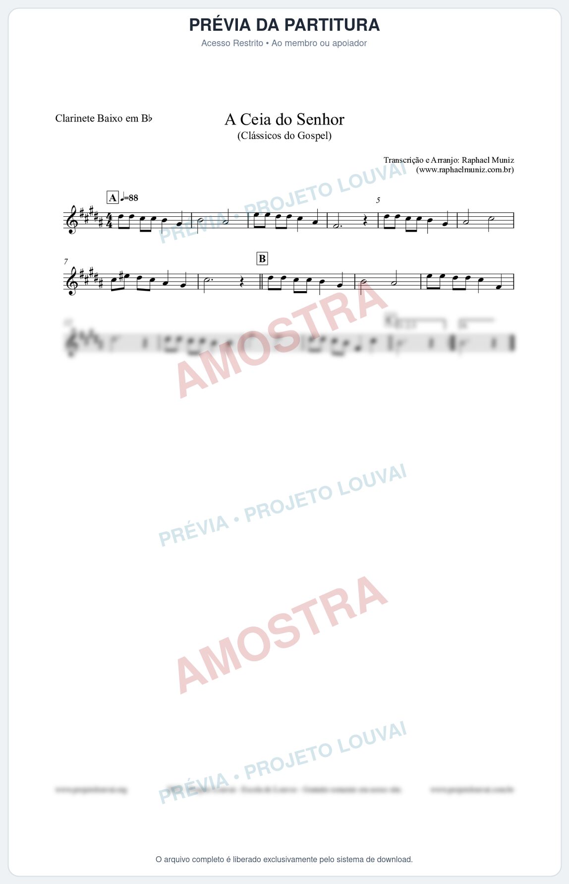 Prévia protegida da primeira página da partitura Partitura para Clarinete Baixo em Bb - A Ceia do Senhor - Harpa Cristã nº22 - Clássicos do Gospel