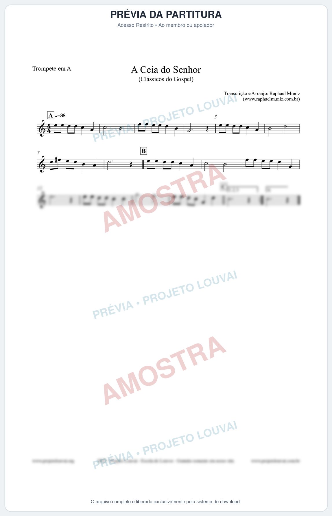Prévia protegida da primeira página da partitura Partitura para Trompete em A - A Ceia do Senhor - Harpa Cristã nº22 - Clássicos do Gospel