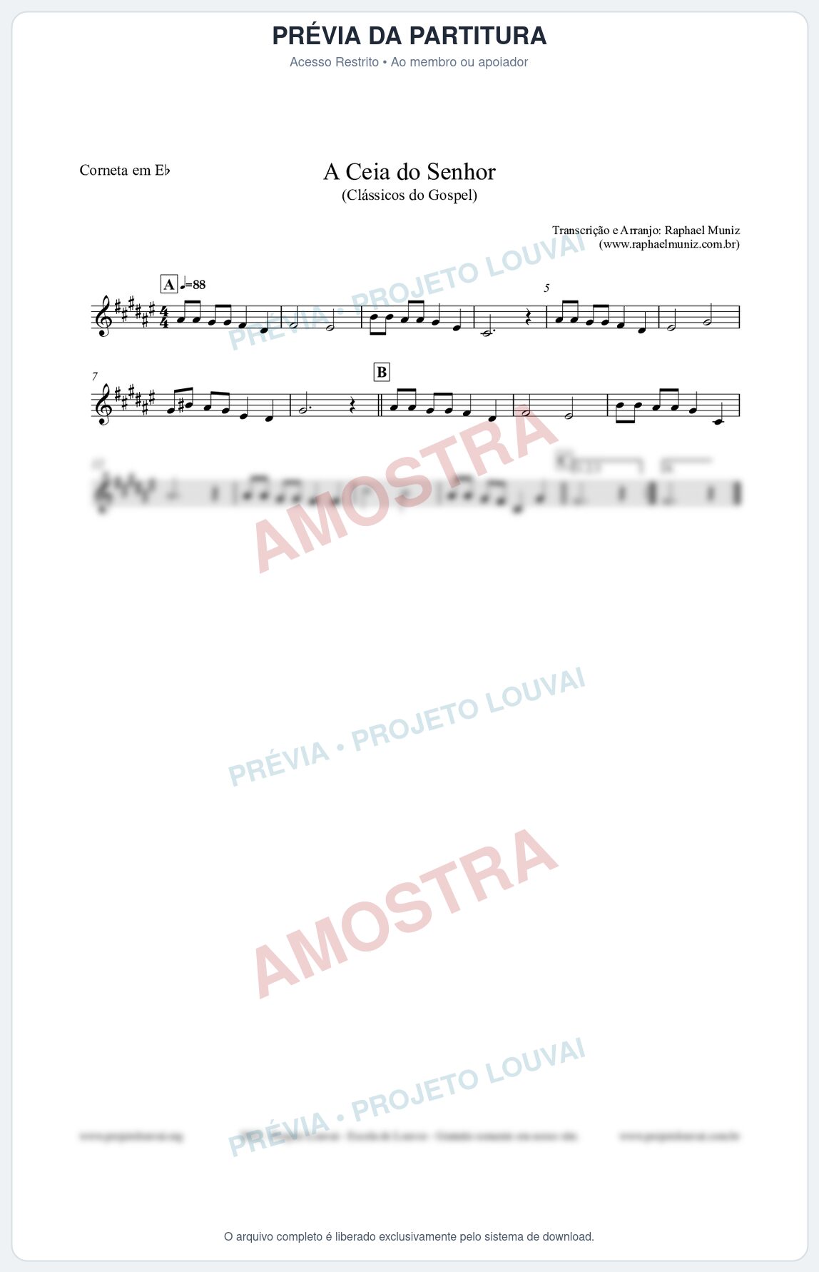 Prévia protegida da primeira página da partitura Partitura para Corneta em Eb - A Ceia do Senhor - Harpa Cristã nº22 - Clássicos do Gospel