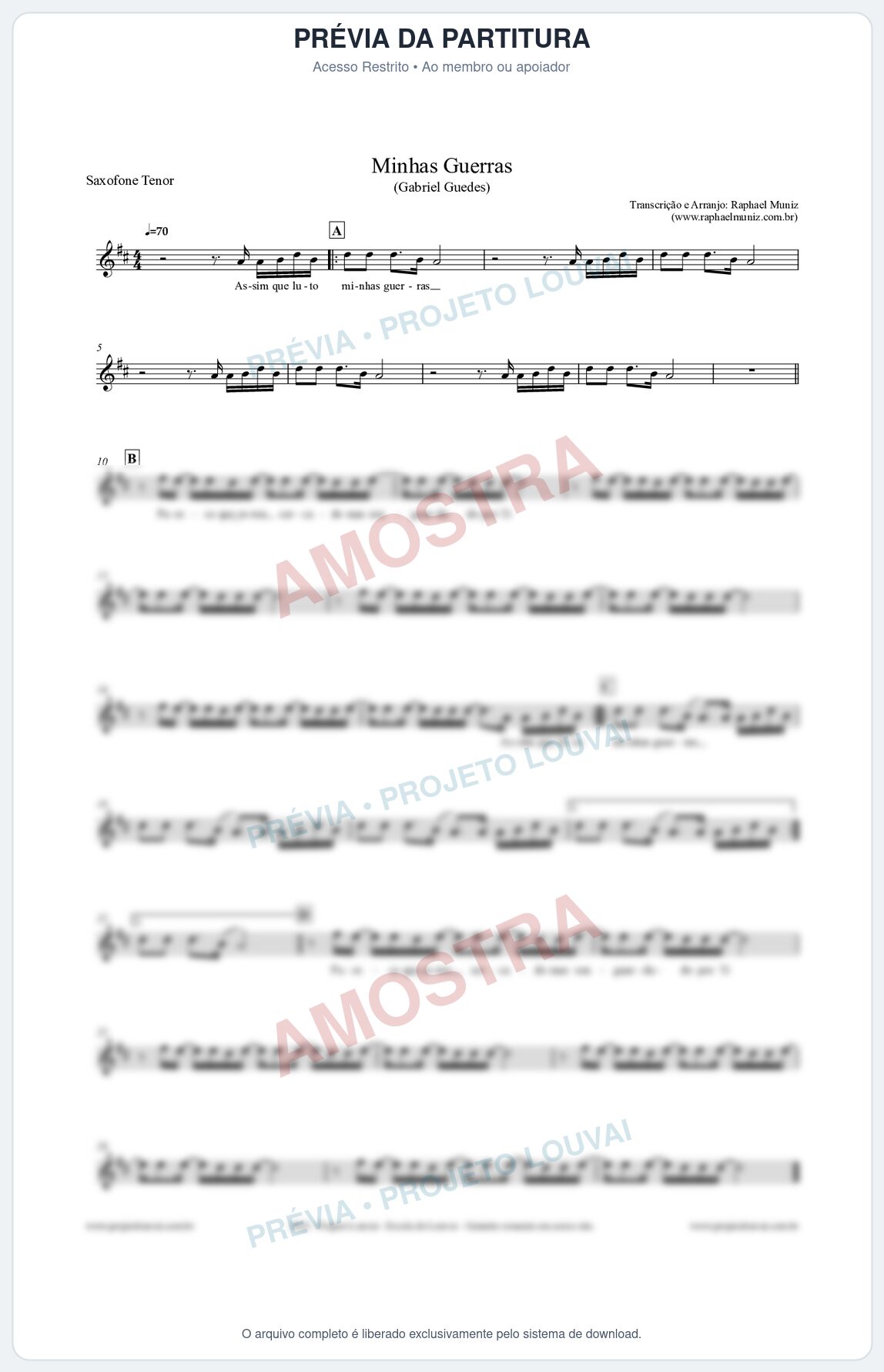 Prévia protegida da primeira página da partitura Partitura para Saxofone Tenor - Minhas Guerras - Gabriel Guedes