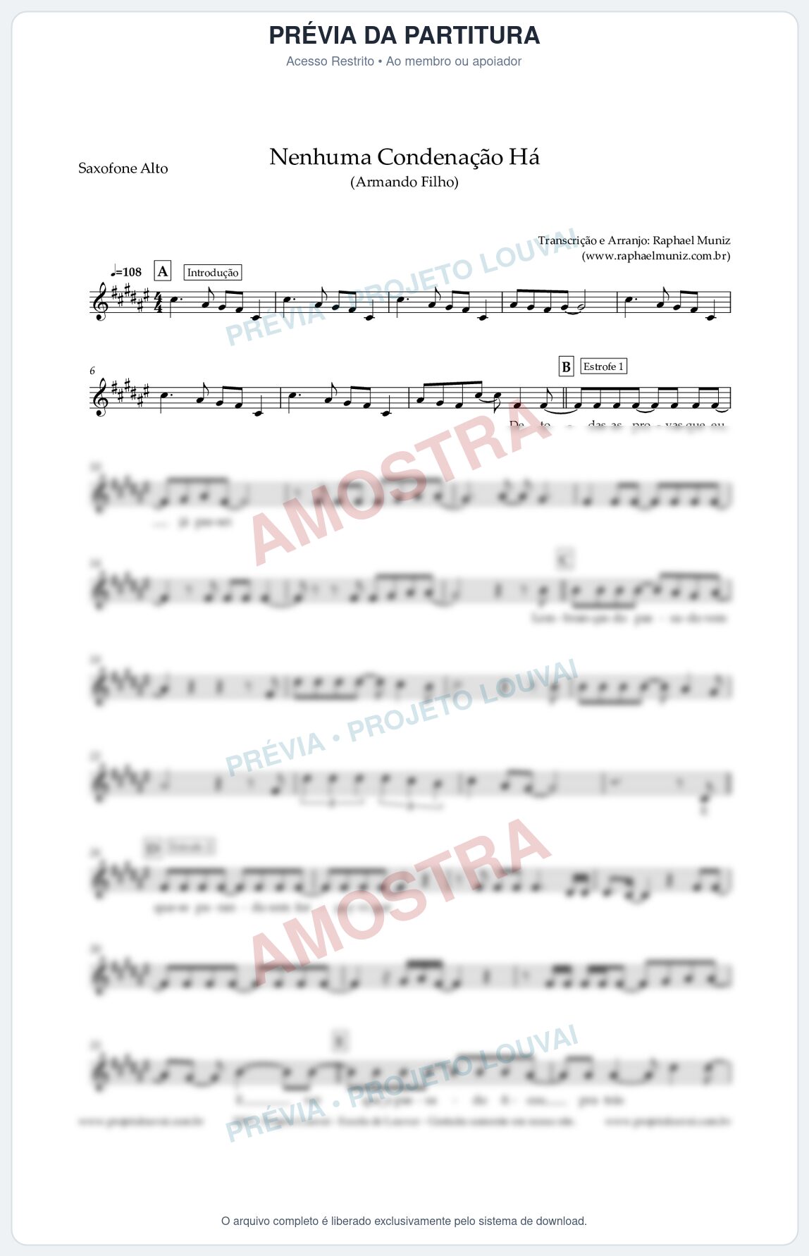 Prévia protegida da primeira página da partitura Partitura para Sax Alto - Nenhuma Condenação Há - Armando Filho