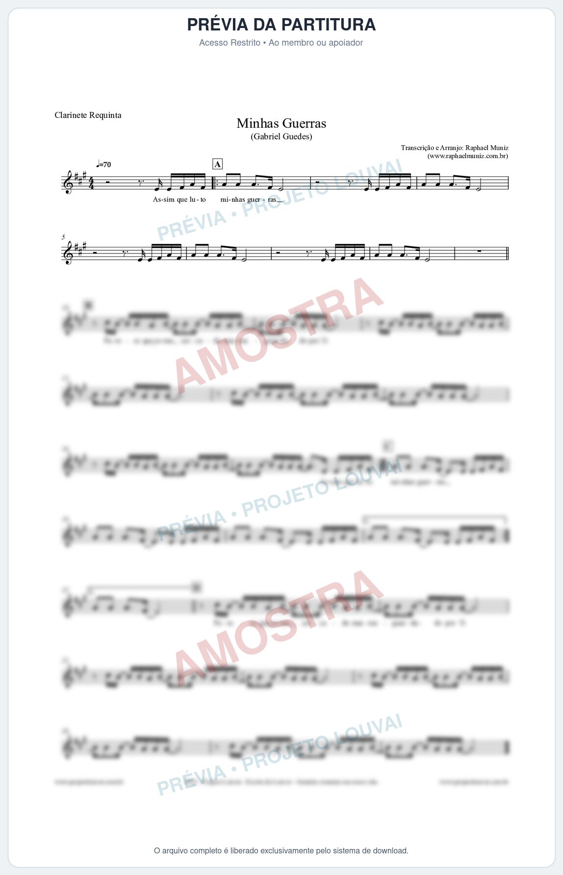 Prévia protegida da primeira página da partitura Partitura para Clarinete Requinta - Minhas Guerras - Gabriel Guedes