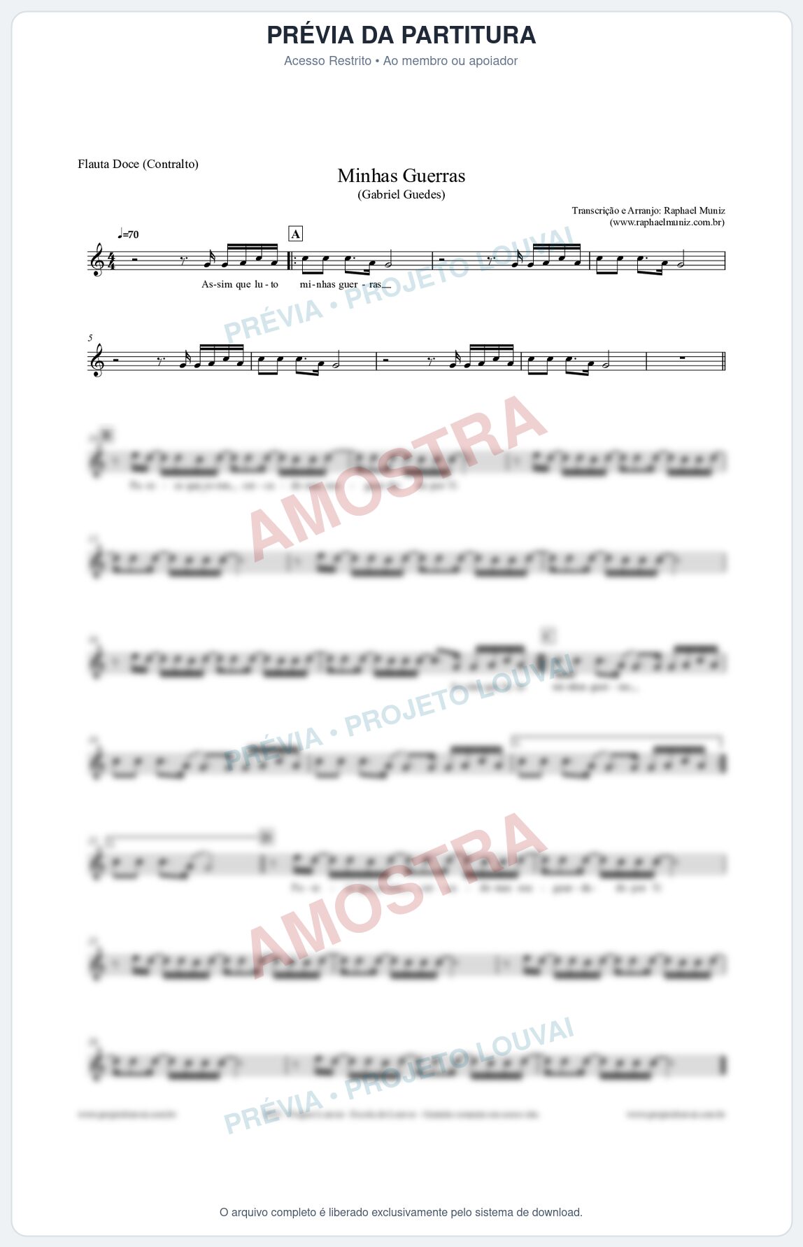 Prévia protegida da primeira página da partitura Partitura para Flauta Doce (Contralto) - Minhas Guerras - Gabriel Guedes