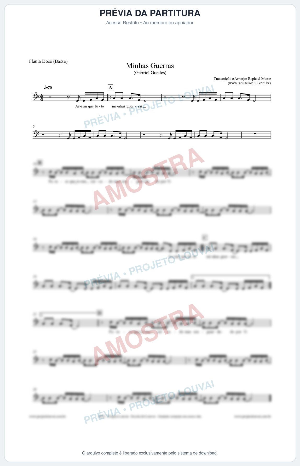 Prévia protegida da primeira página da partitura Partitura para Flauta Doce (Baixo) - Minhas Guerras - Gabriel Guedes
