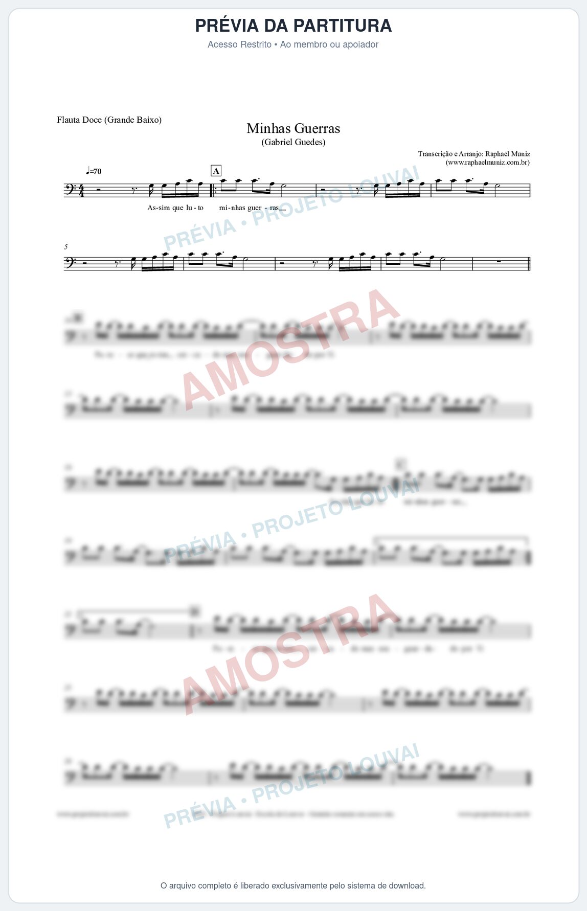 Prévia protegida da primeira página da partitura Partitura para Flauta Doce (Grande Baixo) - Minhas Guerras - Gabriel Guedes