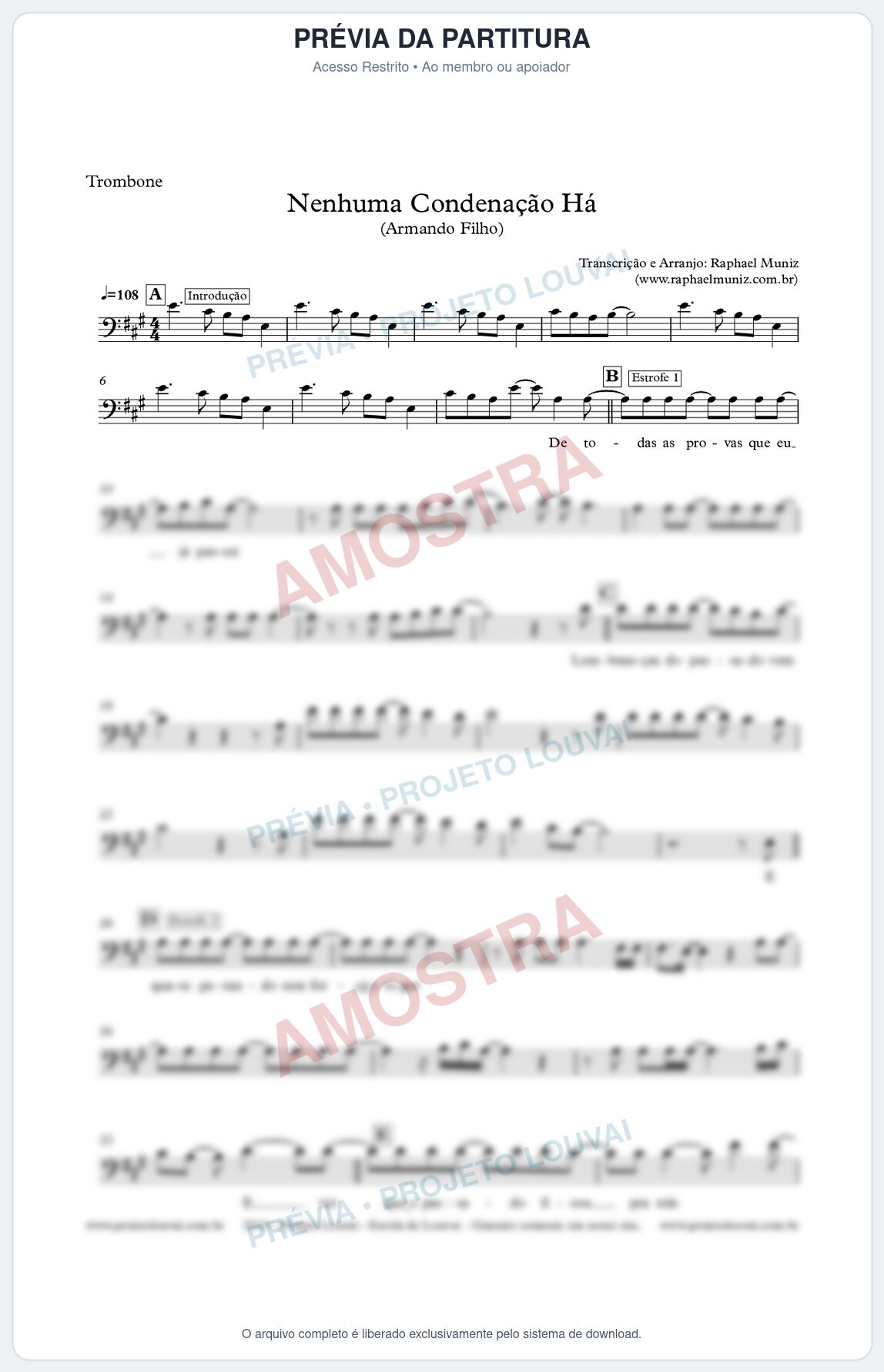 Prévia protegida da primeira página da partitura Partitura para Trombone - Nenhuma Condenação Há - Armando Filho