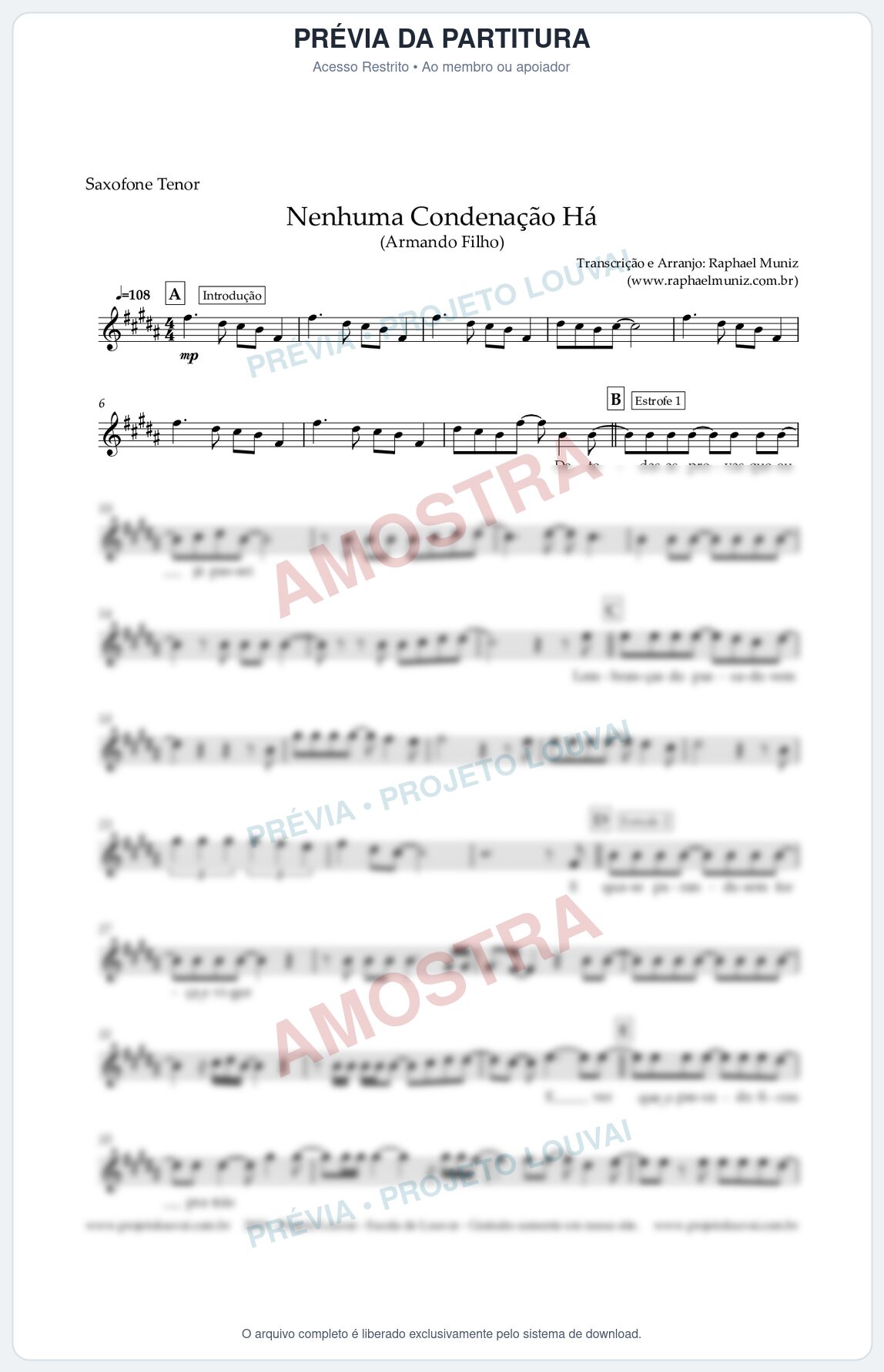 Prévia protegida da primeira página da partitura Partitura para Sax Tenor - Nenhuma Condenação Há - Armando Filho