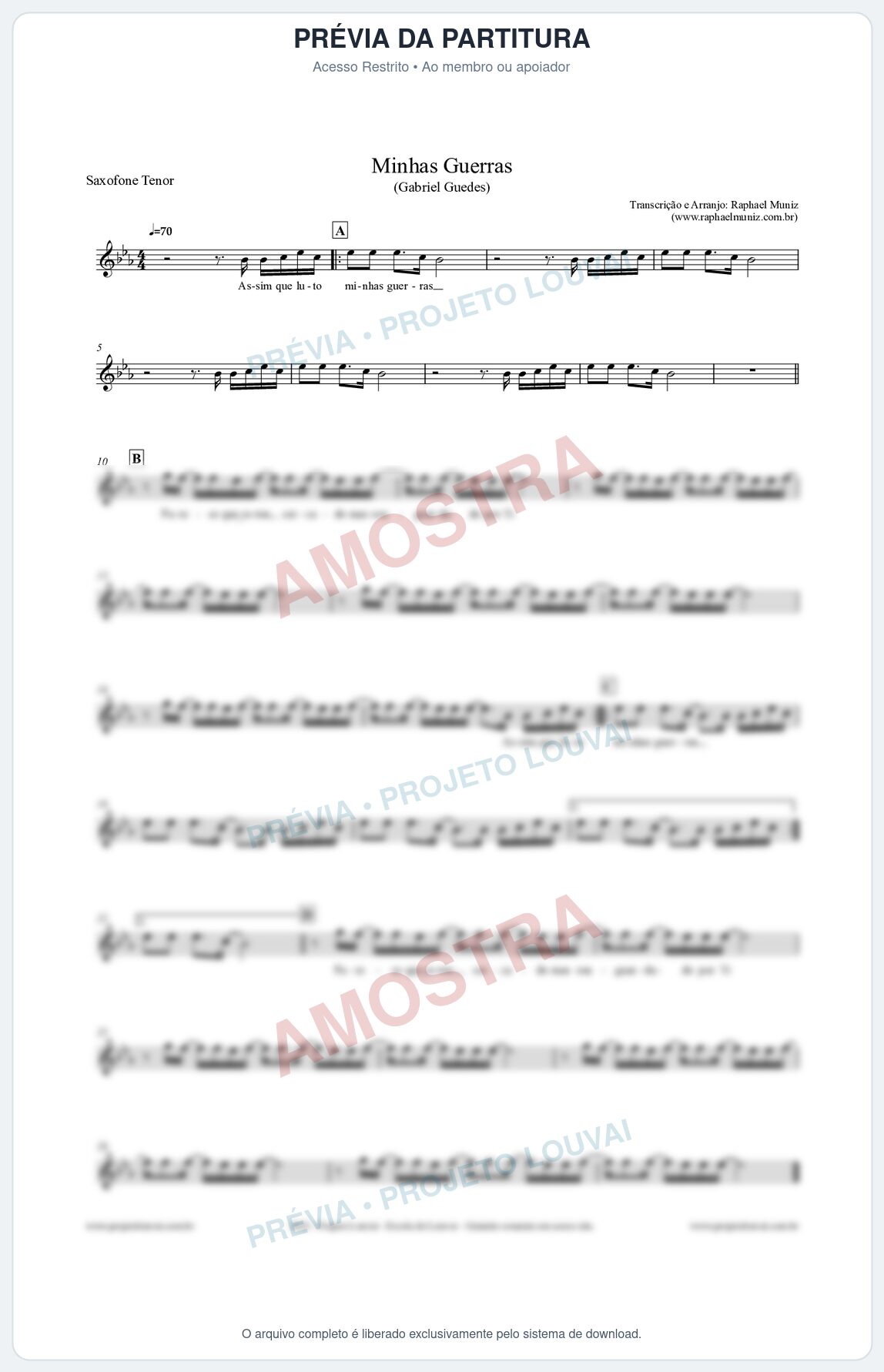 Prévia protegida da primeira página da partitura Partitura para Saxofone Tenor - Minhas Guerras - Gabriel Guedes