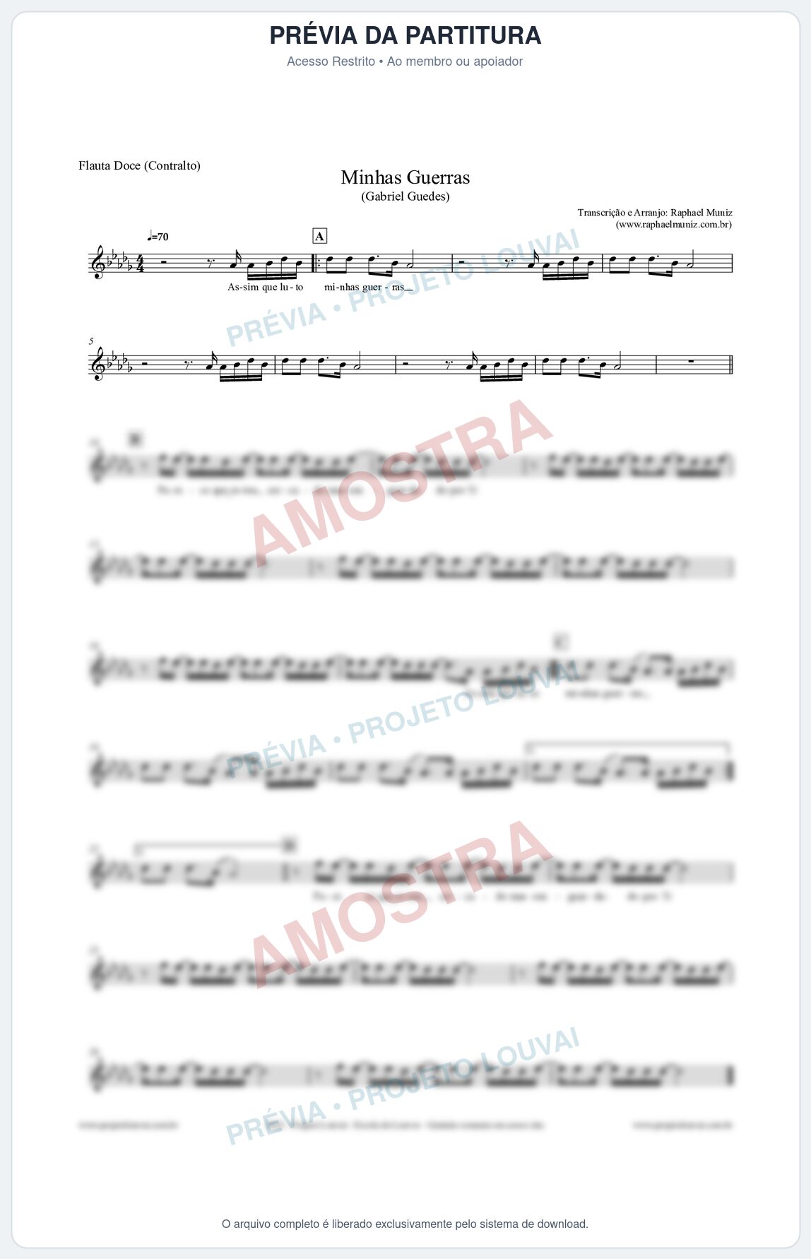 Prévia protegida da primeira página da partitura Partitura para Flauta Doce (Contralto) - Minhas Guerras - Gabriel Guedes