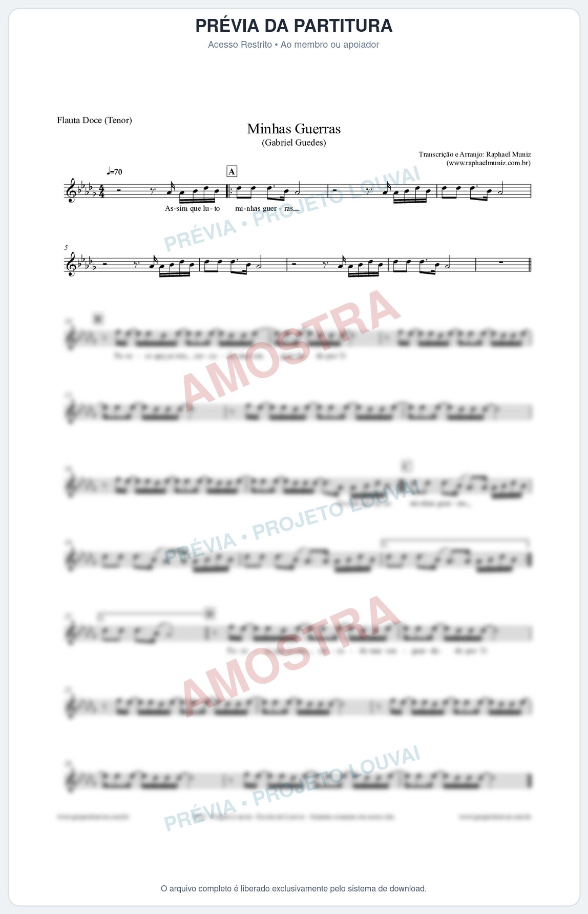 Prévia protegida da primeira página da partitura Partitura para Flauta Doce (Tenor) - Minhas Guerras - Gabriel Guedes