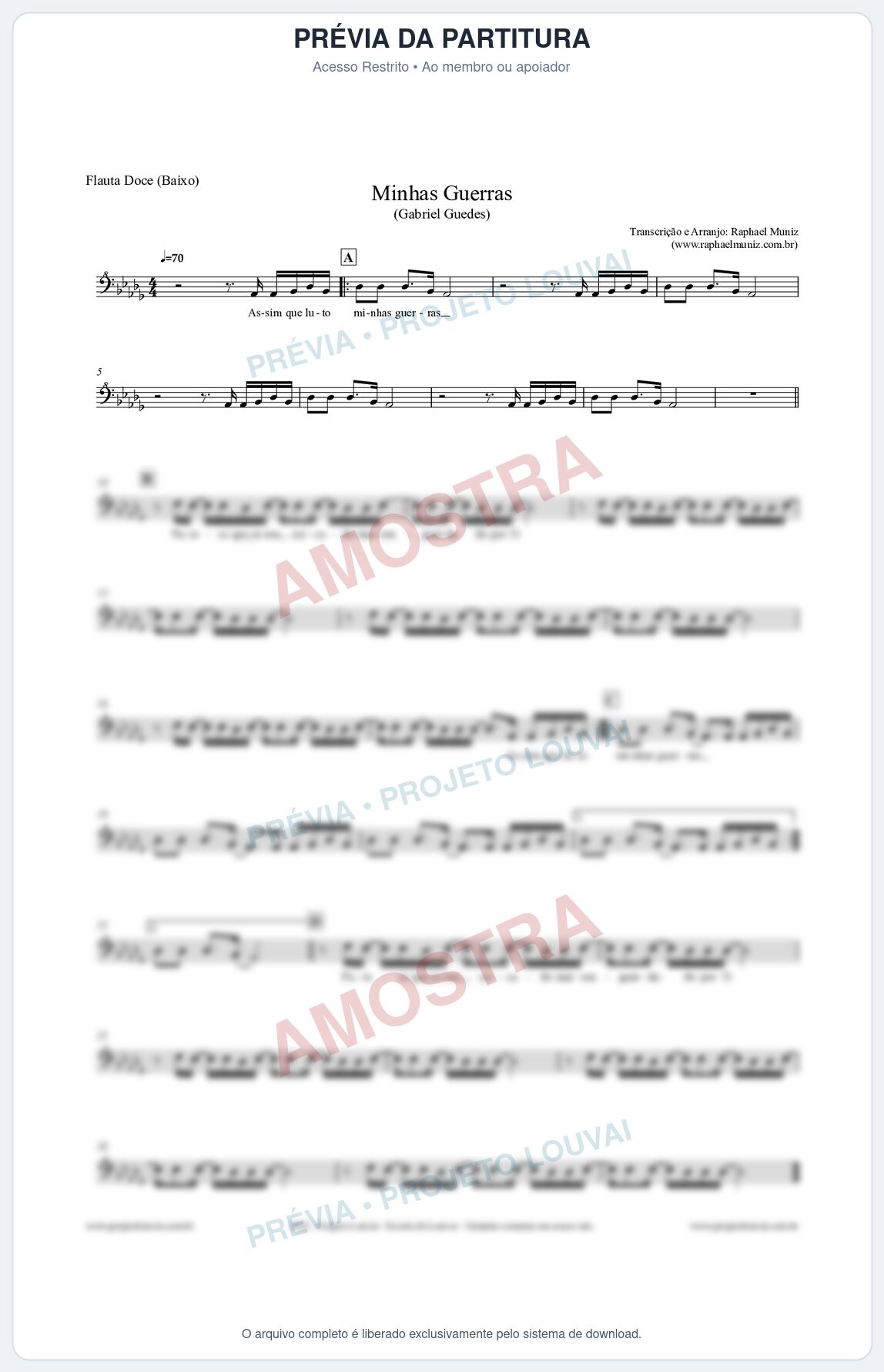 Prévia protegida da primeira página da partitura Partitura para Flauta Doce (Baixo) - Minhas Guerras - Gabriel Guedes