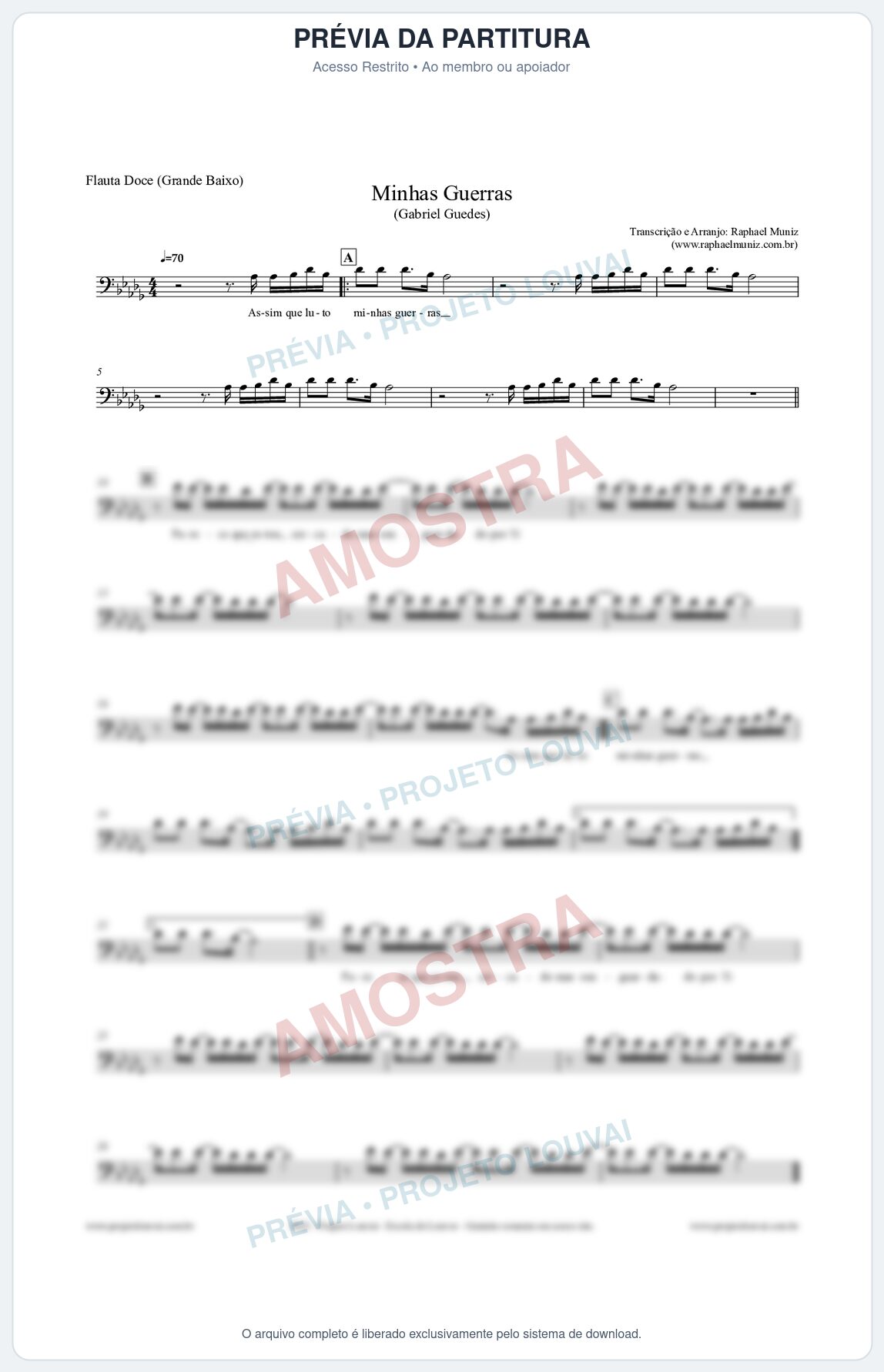 Prévia protegida da primeira página da partitura Partitura para Flauta Doce (Grande Baixo) - Minhas Guerras - Gabriel Guedes