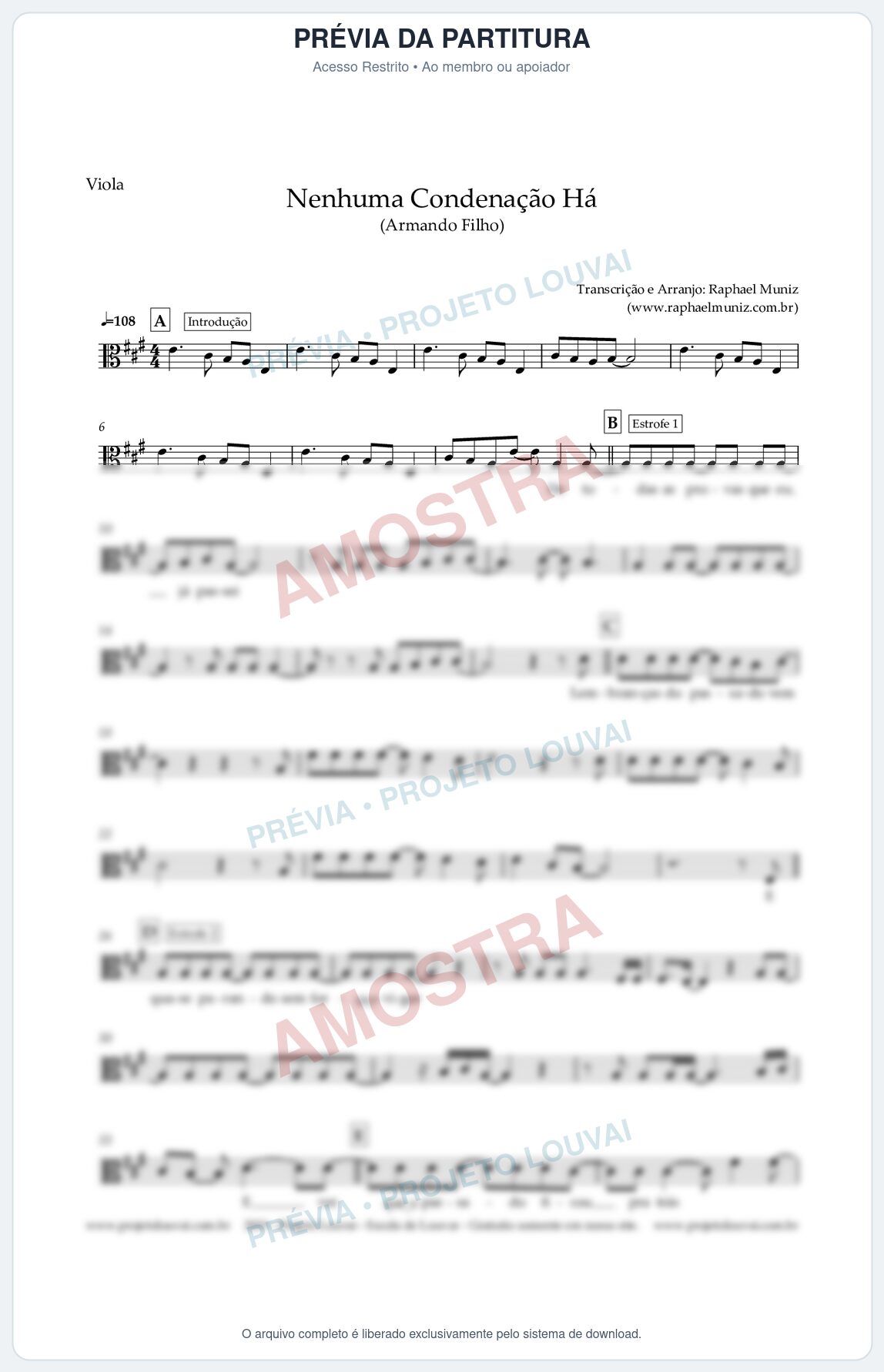 Prévia protegida da primeira página da partitura Partitura para Viola - Nenhuma Condenação Há - Armando Filho